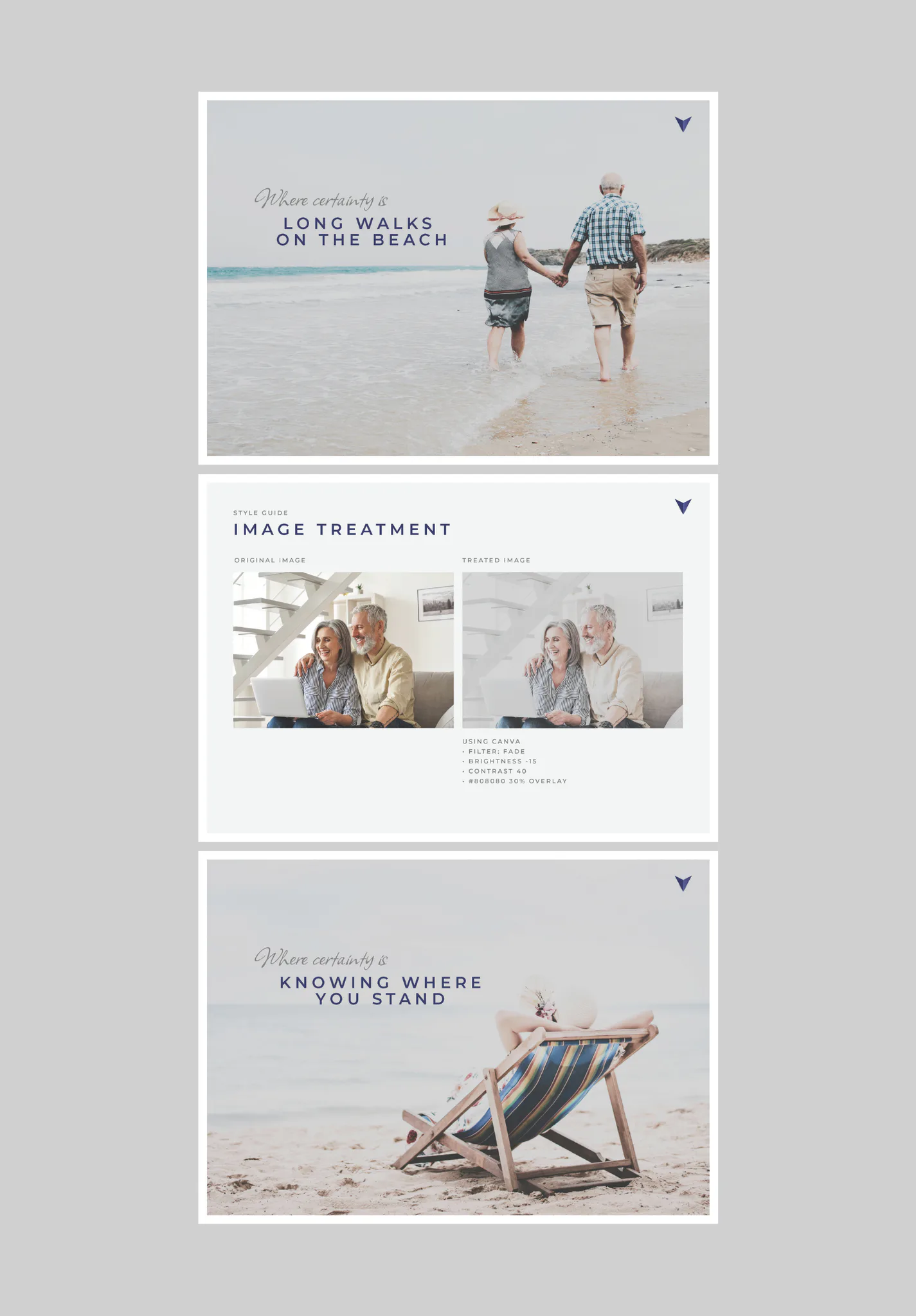 Three lifestyle images showcasing Direct Wealth's refreshed brand identity: couple walking on beach, before/after image treatment guide, and relaxed person in beach chair, emphasizing approachable ...