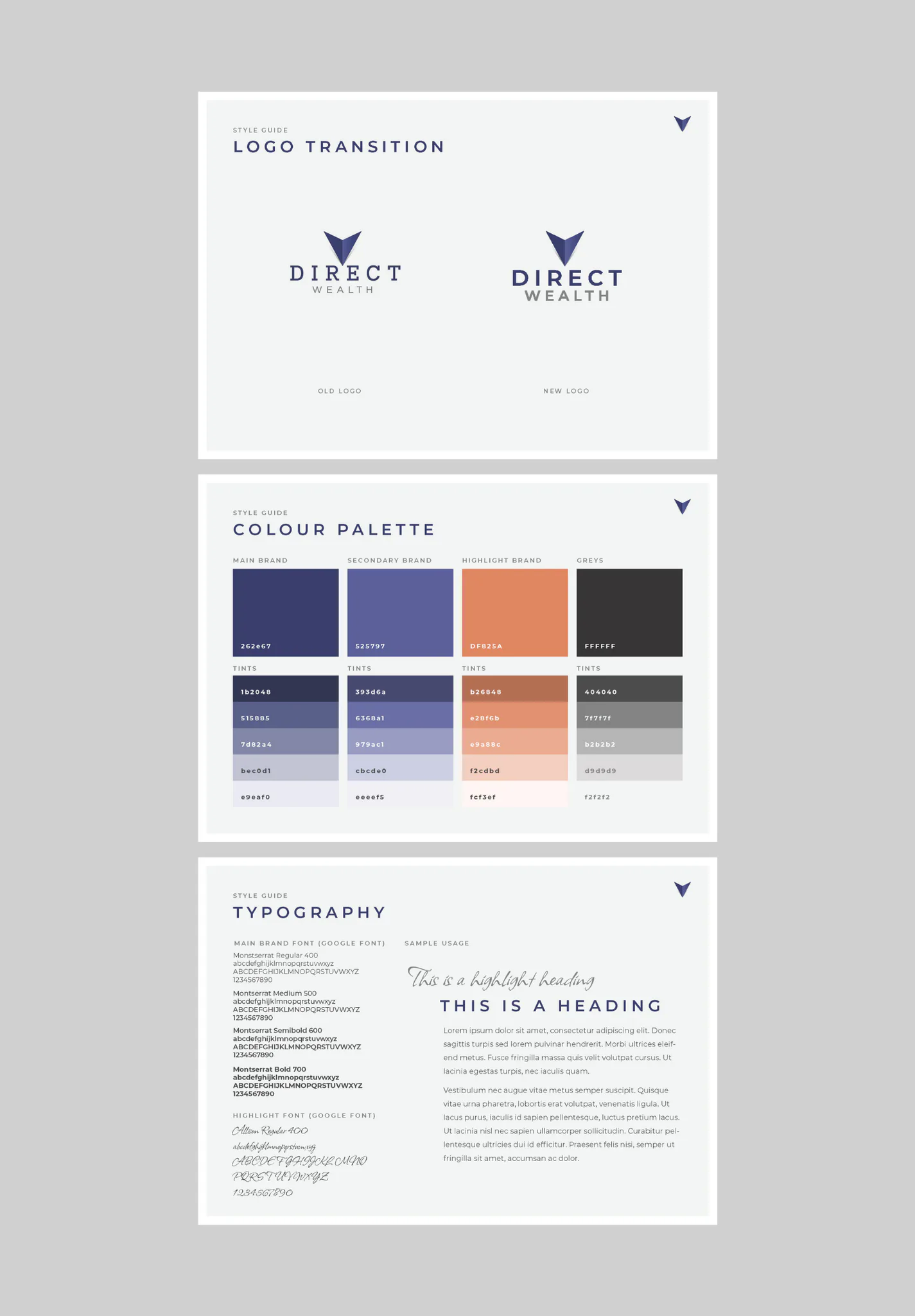 Brand style guide showing Direct Wealth logo transition, color palette with navy, secondary purple, coral and grey tints, and typography samples using Montserrat and Caveat fonts.