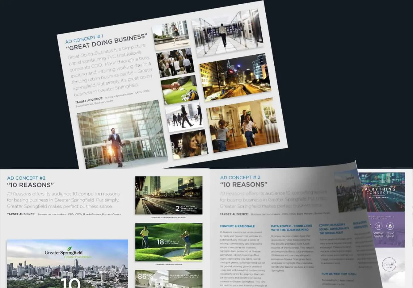 Marketing campaign mockups displaying 'Great Doing Business' and '10 Reasons' ad concepts for Greater Springfield, featuring urban landscapes, business professionals, and lifestyle imagery across m...