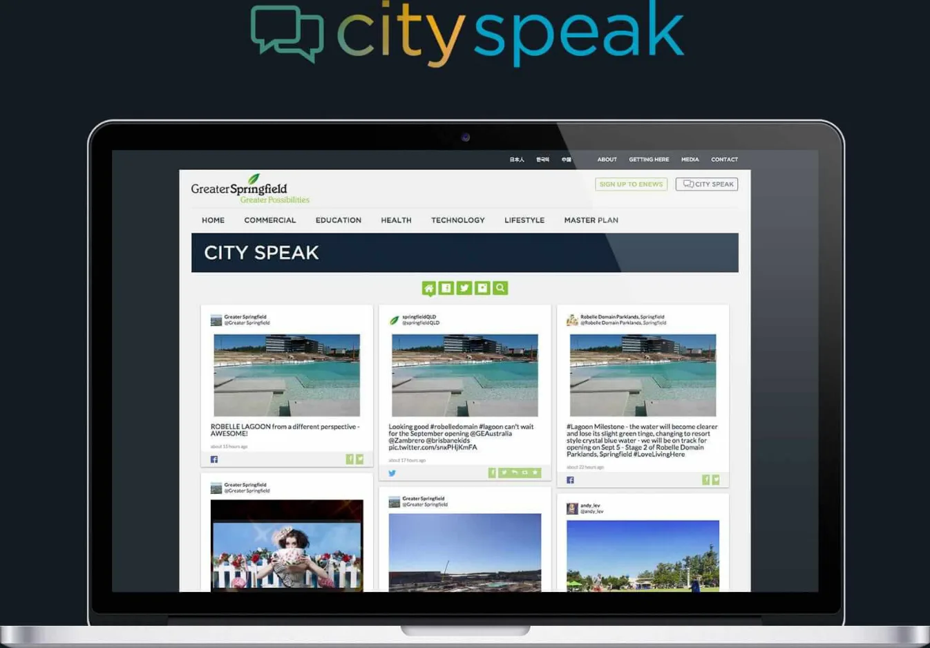 CitySpeak website interface displayed on laptop screen showing Greater Springfield's social media feed with multiple user posts featuring photos of Robelle Lagoon, community events, and local landm...