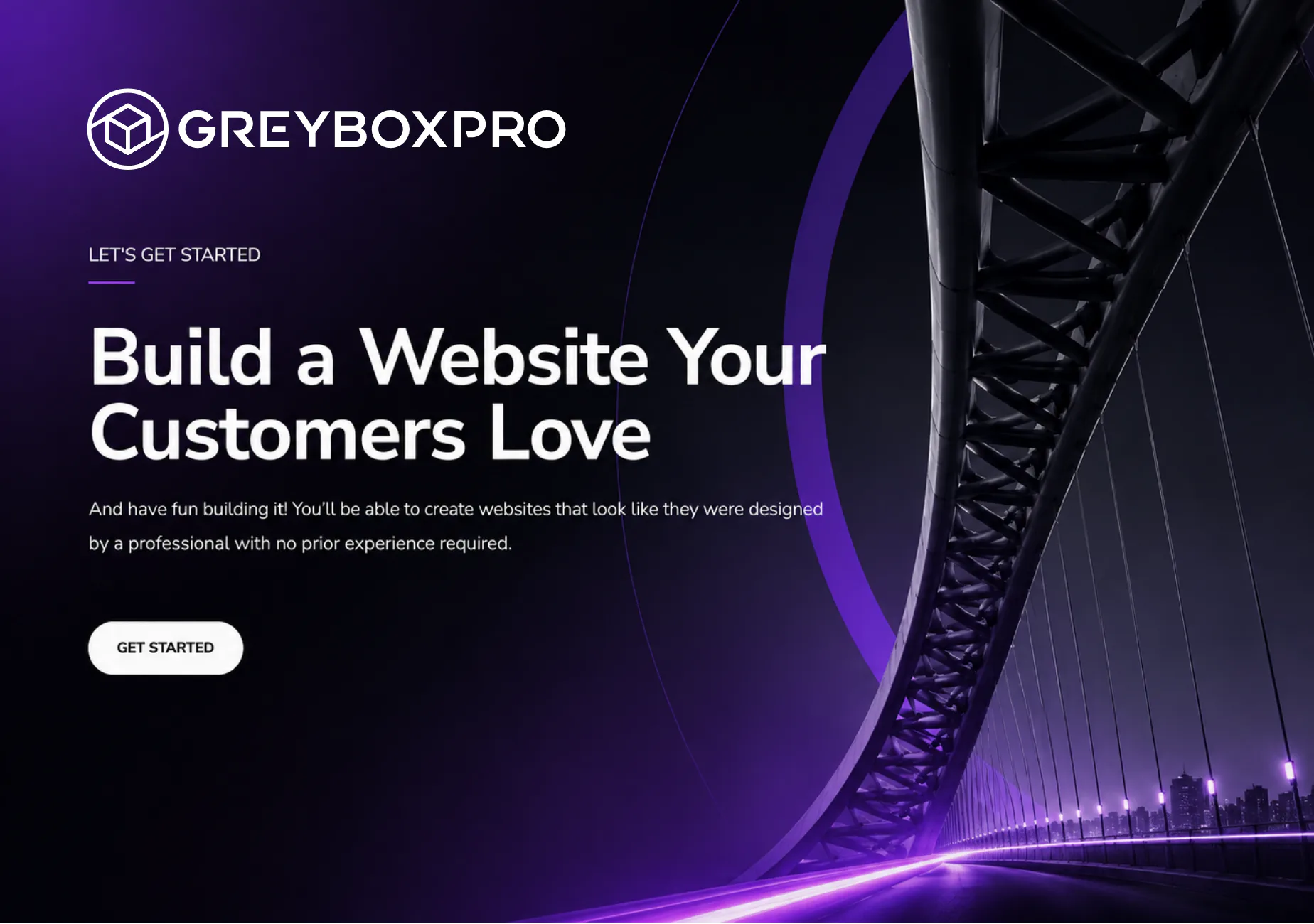 GreyBoxPro website builder interface showing purple-themed hero section with illuminated bridge imagery, headline 'Build a Website Your Customers Love' and 'Get Started' button