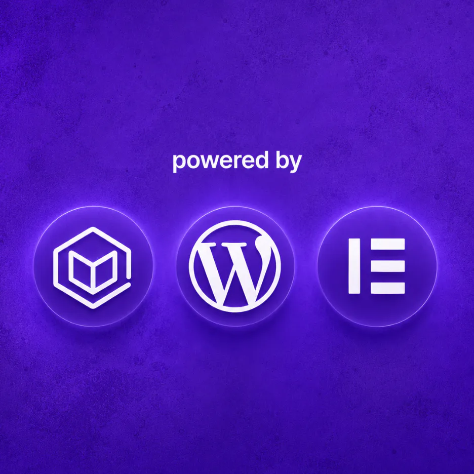 Three glowing neon circular badges on purple background displaying logos for web development tools: a hexagonal cube icon, WordPress W logo, and Elementor panel icon