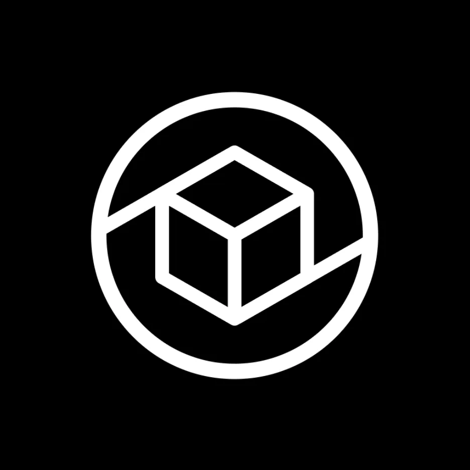 White isometric 3D cube icon enclosed within a circular white border on black background, representing packaging, delivery, or product management concepts