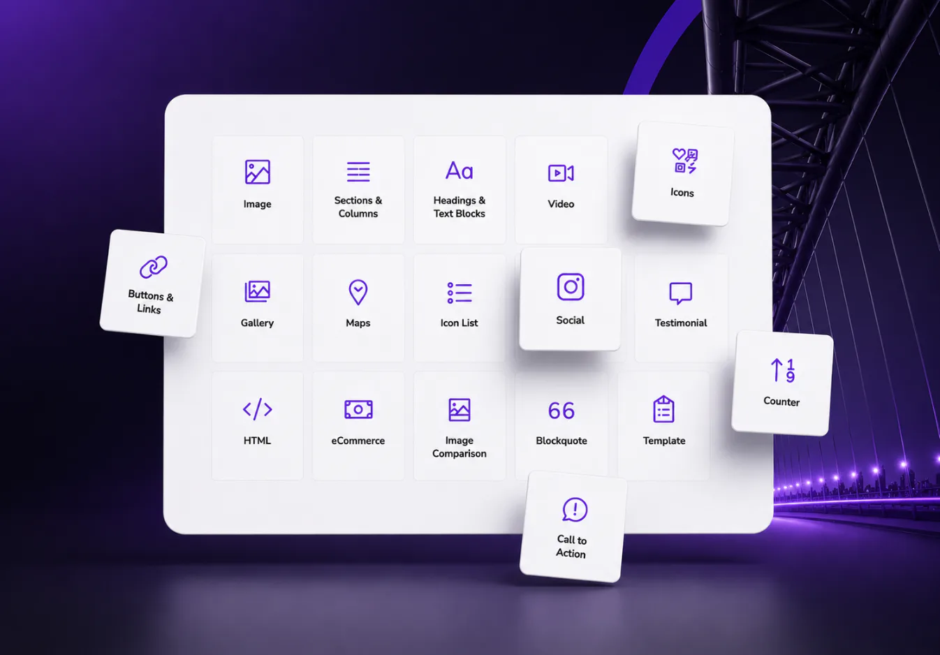 Grid display of 16 purple icons representing website building components including image, video, gallery, maps, social media, ecommerce, HTML, testimonials, counter, and call-to-action elements on ...