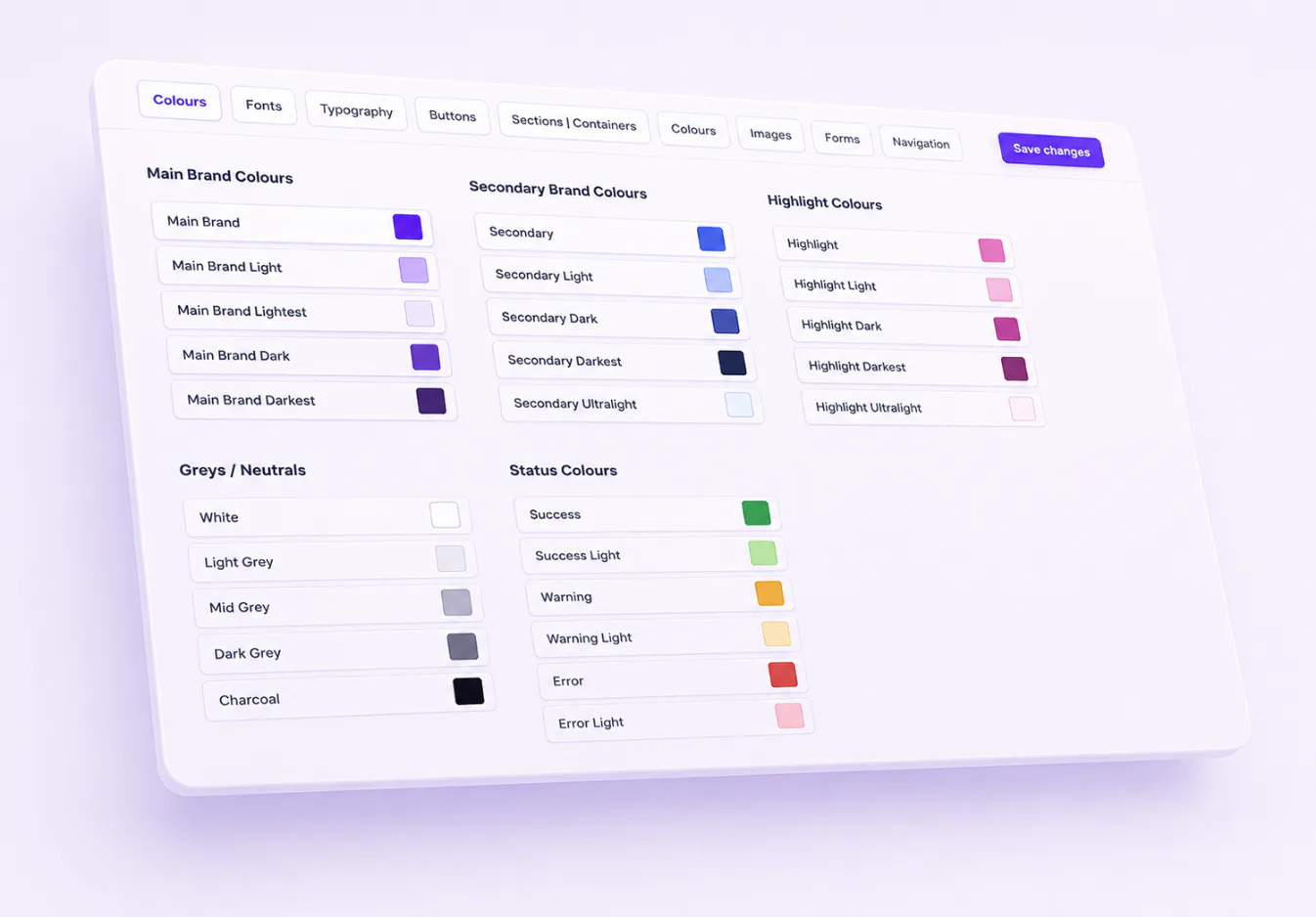 Design system interface showing organized color palettes including main brand colors in varying tints and shades, secondary colors, highlight colors, neutral greys, and status indicator colors for ...