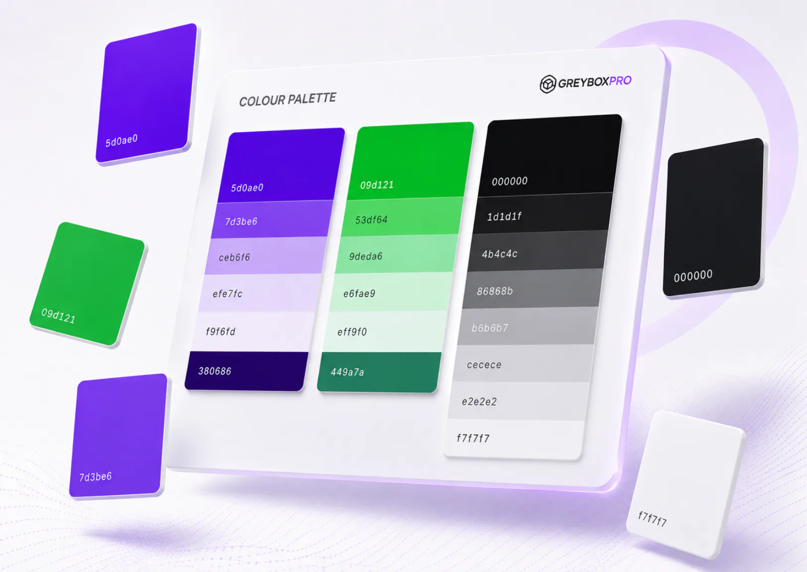 Greybox Pro design system displaying color palette with purple, green, and grayscale swatches. Each color shows hex codes. Individual color cards visible with 3D perspective effect on light backgro...