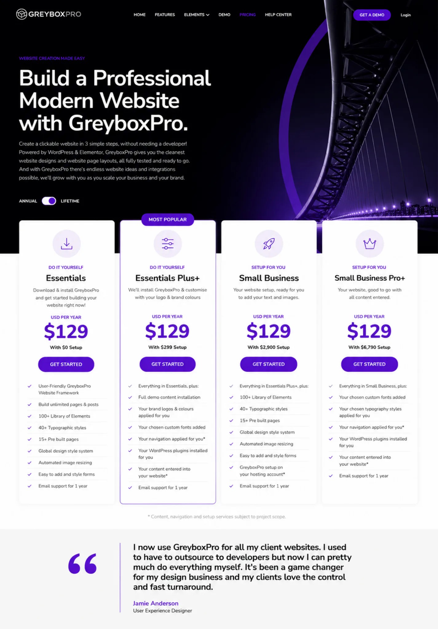 GreyboxPro pricing comparison showing four WordPress website builder plans: Essentials, Essentials Plus, Small Business, and Small Business Pro, each priced at $129 USD per year with varying setup ...