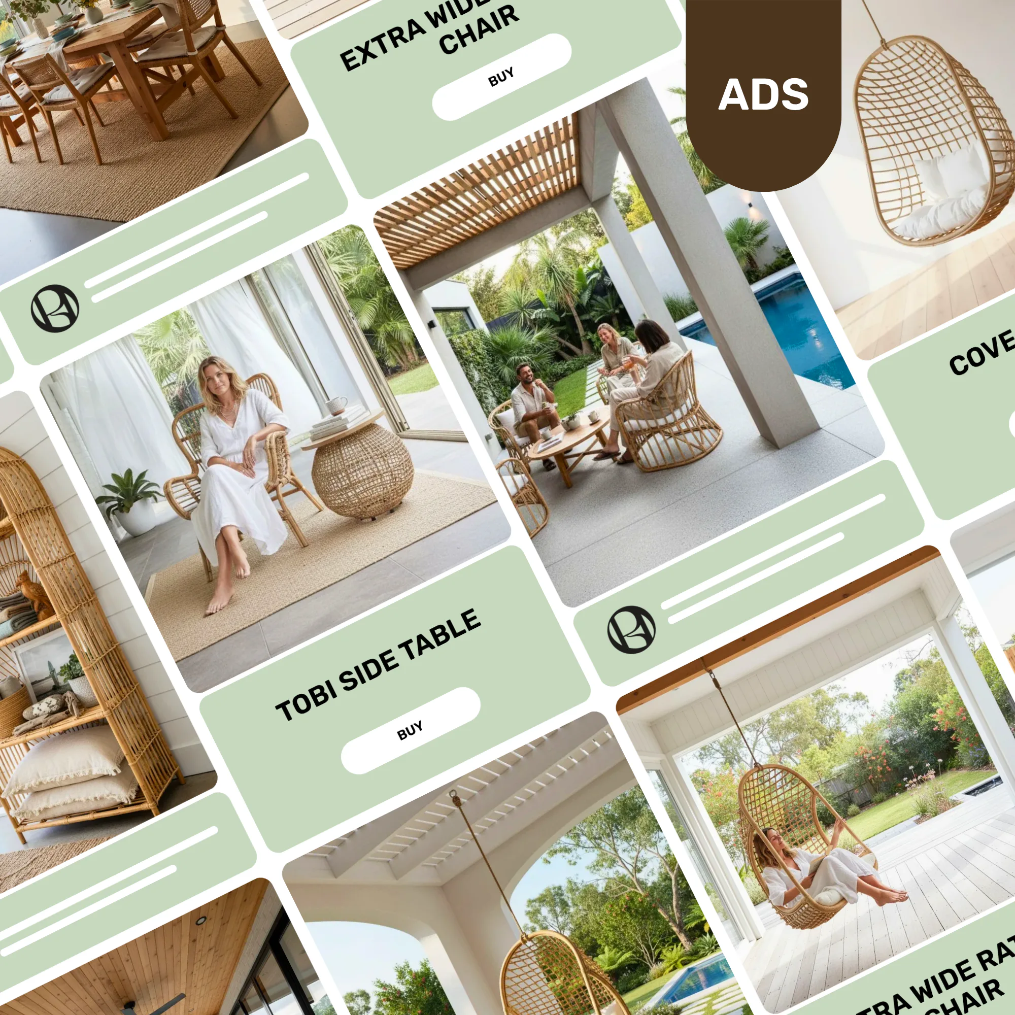 Collage of outdoor living spaces featuring woven rattan chairs, hanging egg chairs, side tables, and people relaxing in contemporary garden settings with pools and vegetation