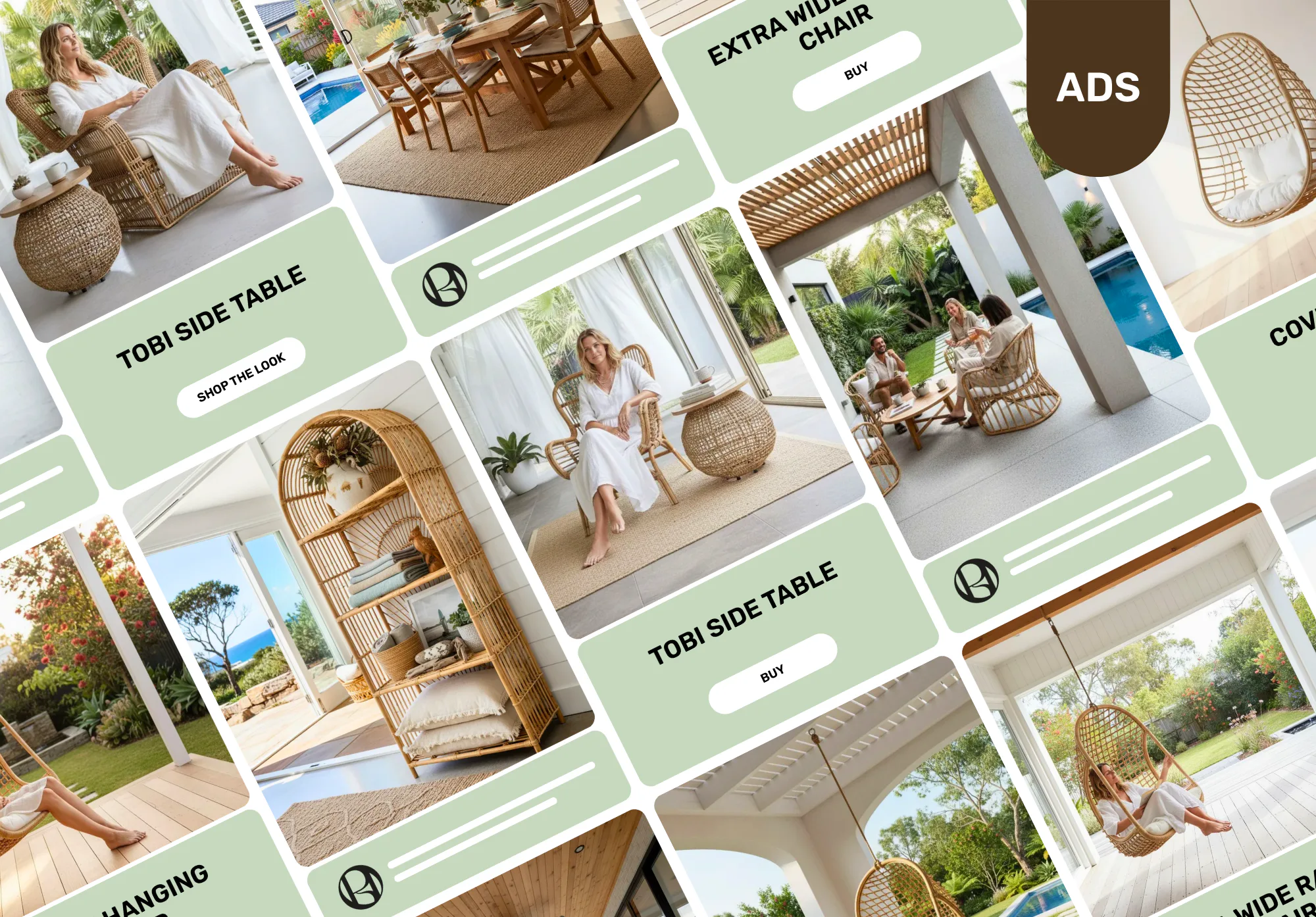 Grid layout of outdoor furniture product cards featuring rattan side tables, hanging chairs, and wide lounge seating with lifestyle photos of people relaxing in contemporary pool and garden settings.