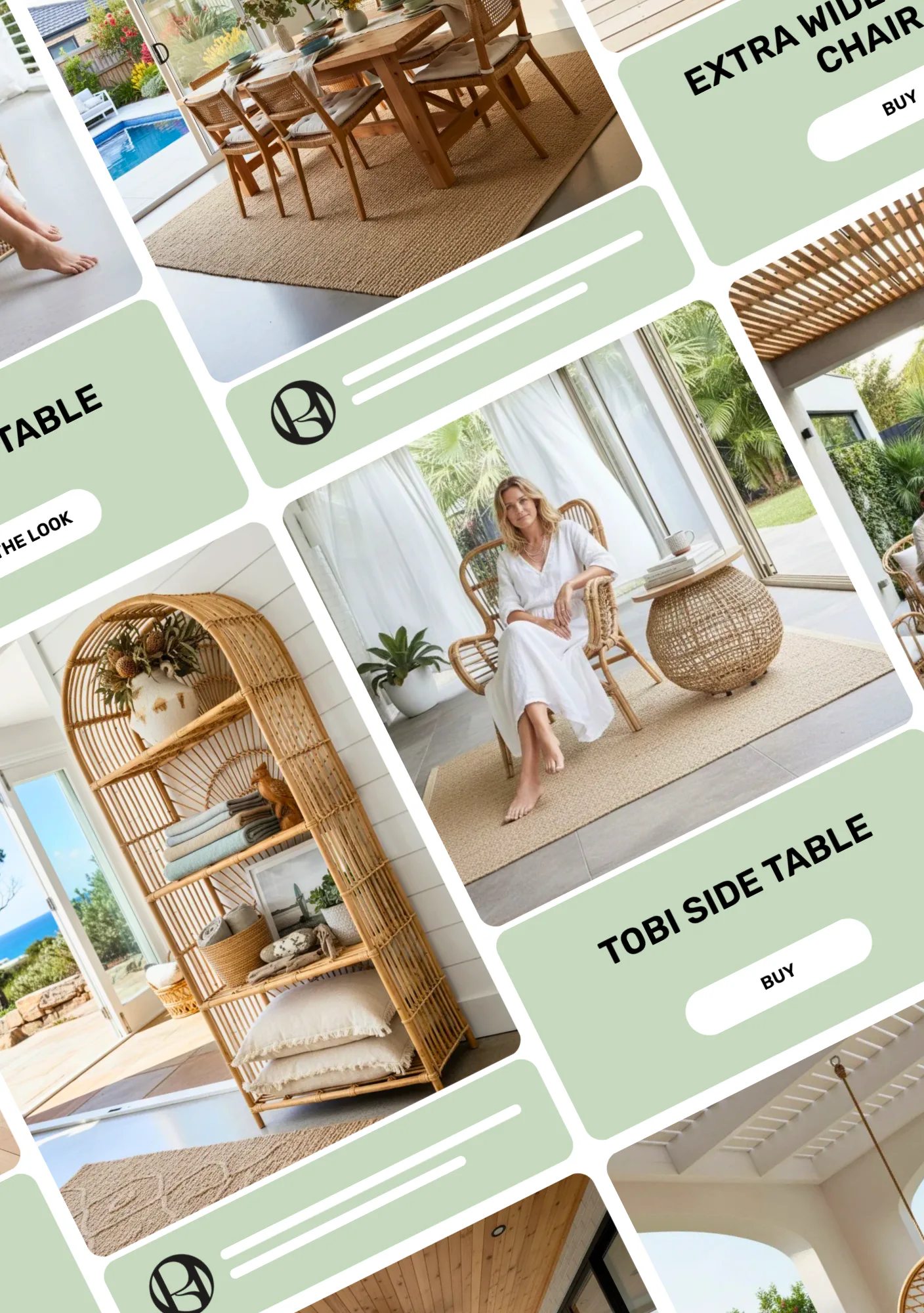 Collage of modern furniture pieces including wooden dining chairs, woven rattan chair with cushion, woman sitting in rattan chair, natural fiber rugs, and wooden side table in bright, minimalist sp...