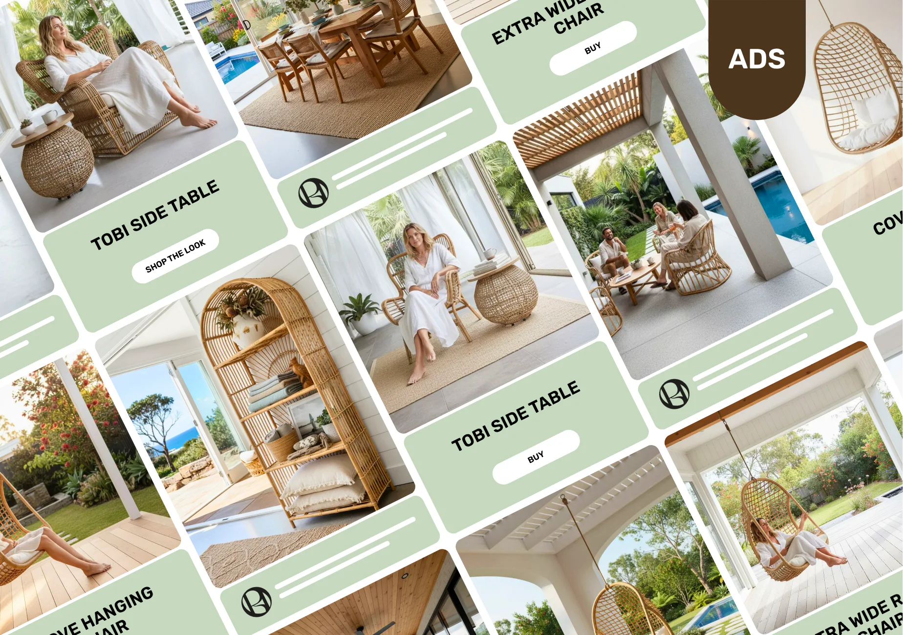 Collage of Haus of Rattan product advertisements showing woven rattan chairs, side tables, and hanging egg chairs in modern outdoor living spaces with pool views and tropical landscaping.
