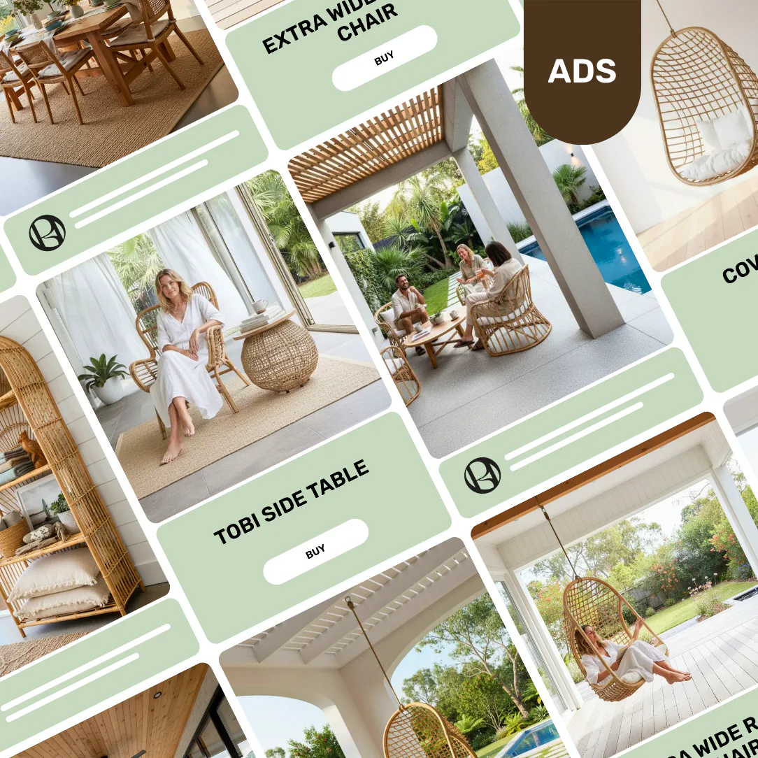 Collage of outdoor furniture product ads featuring woven rattan chairs, side tables, and hanging egg chairs in modern residential settings with pool areas and gardens.