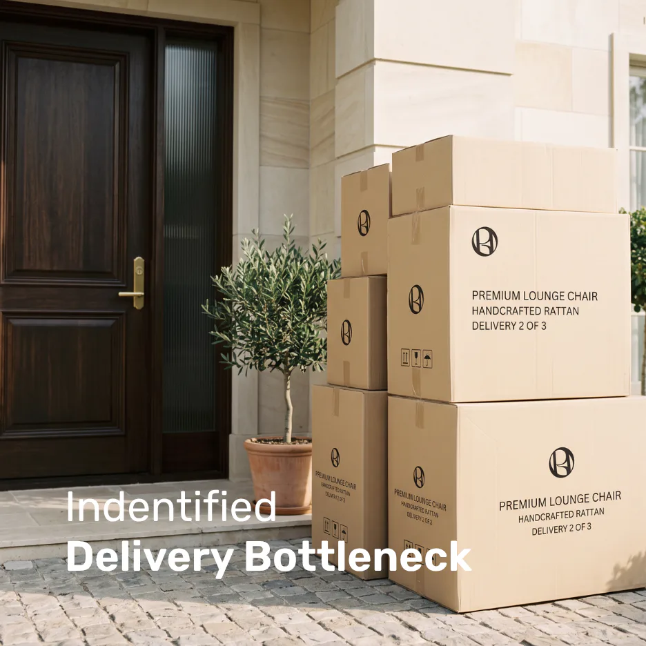 Stack of cardboard delivery boxes labeled 'Premium Lounge Chair Handcrafted Rattan' positioned outside a dark wooden front door with a potted olive tree beside them.