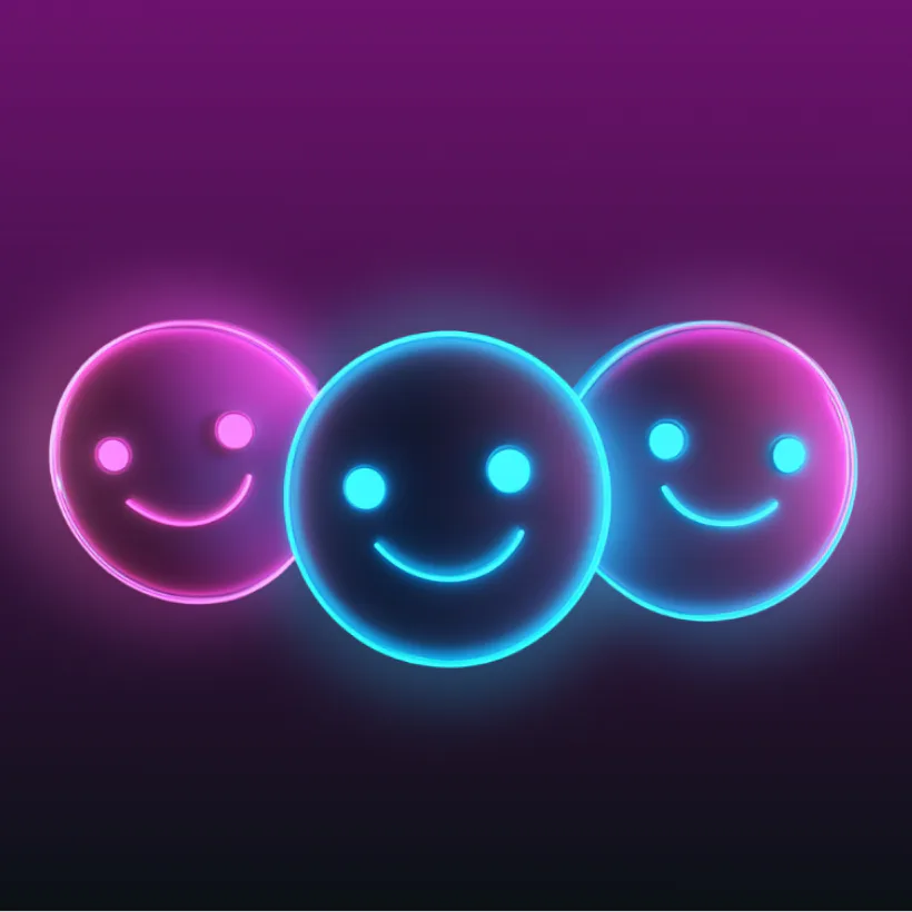 Three glowing neon smiley face icons with cyan and magenta neon outlines on a dark purple gradient background, representing positive user experience and satisfaction with content planning tools.