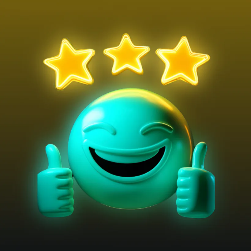 Turquoise smiling emoji character with both thumbs up, surrounded by three glowing yellow neon stars on olive background, symbolizing excellence and positive feedback.