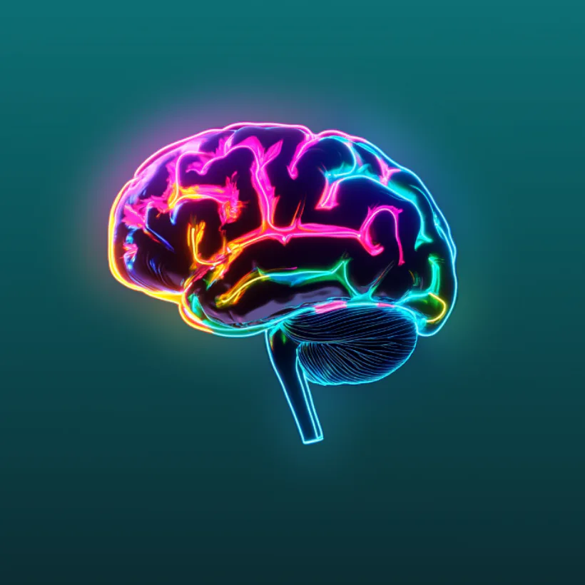 Neon-glowing brain illustration with vibrant magenta, cyan, yellow and green colors against teal background, symbolizing artificial intelligence and intelligent content planning technology.