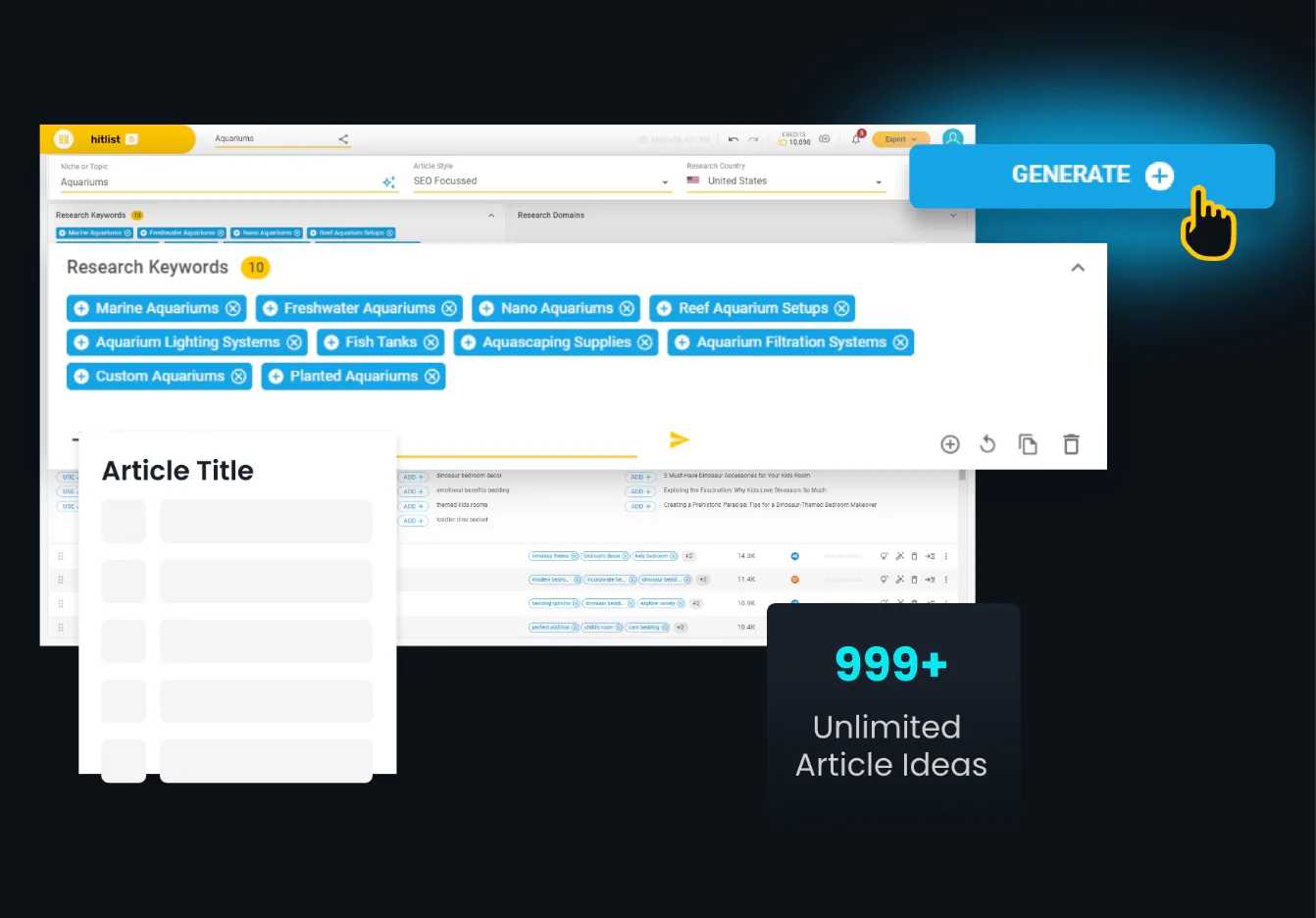 Screenshot of Hitlist.ai dashboard showing aquarium-related research keywords in blue tags, including Marine Aquariums, Freshwater Aquariums, Nano Aquariums, and Reef Aquarium Setups, with article ...