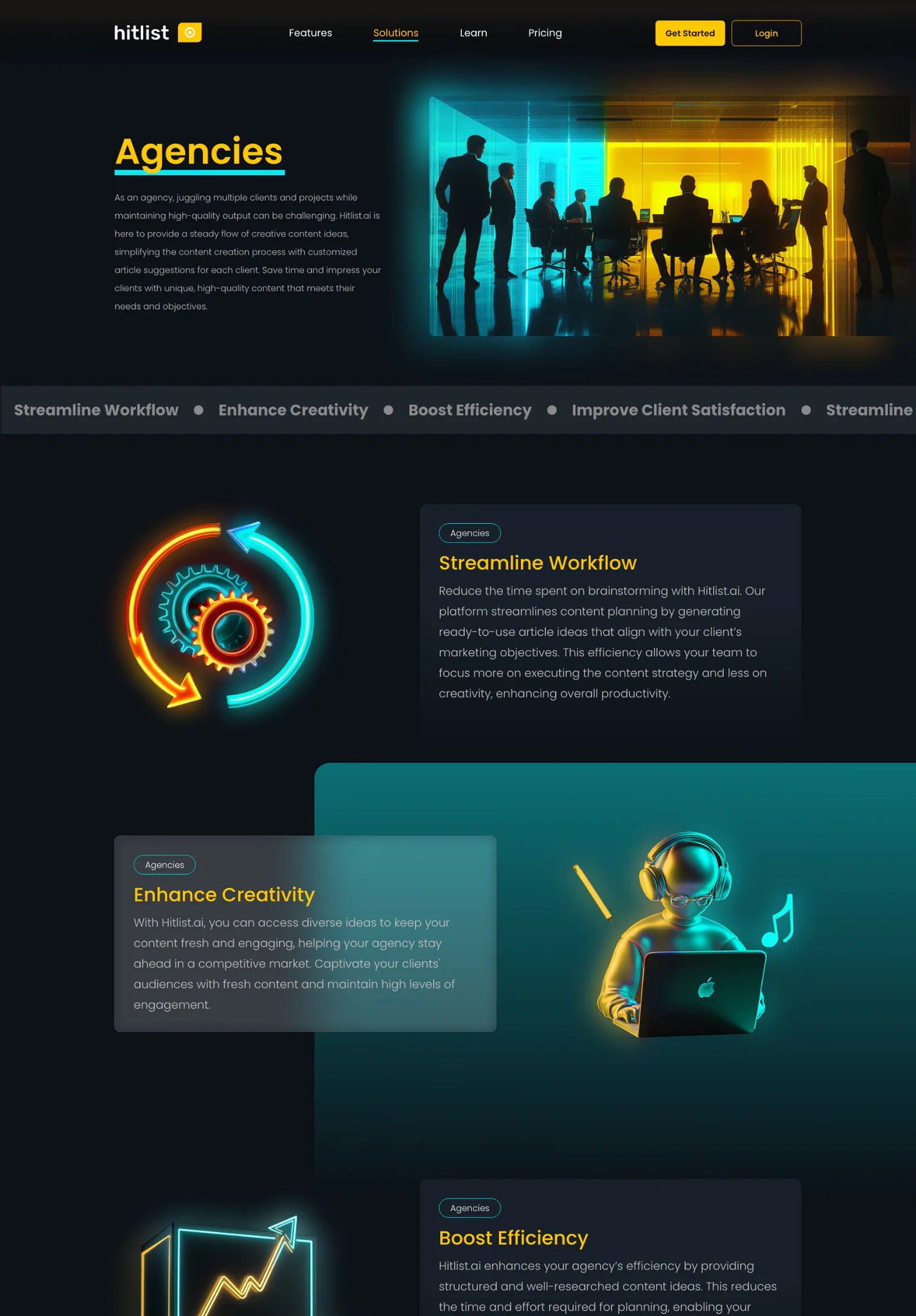 Team of professionals collaborating in modern office with cyan and yellow neon lighting, representing content strategy planning workflow for creative agencies.