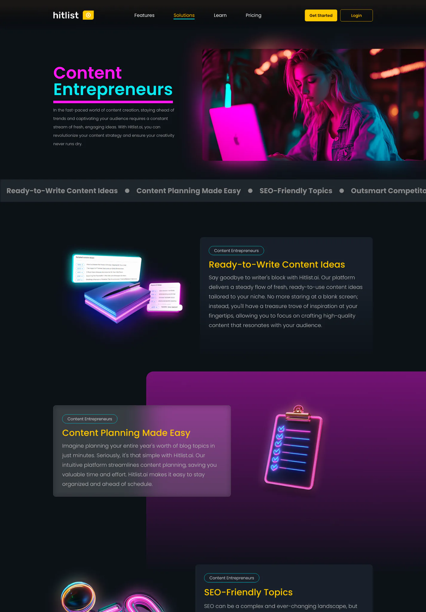 Woman working on a neon-lit laptop displaying Hitlist.ai content planning interface with magenta and cyan lighting in a modern workspace setting