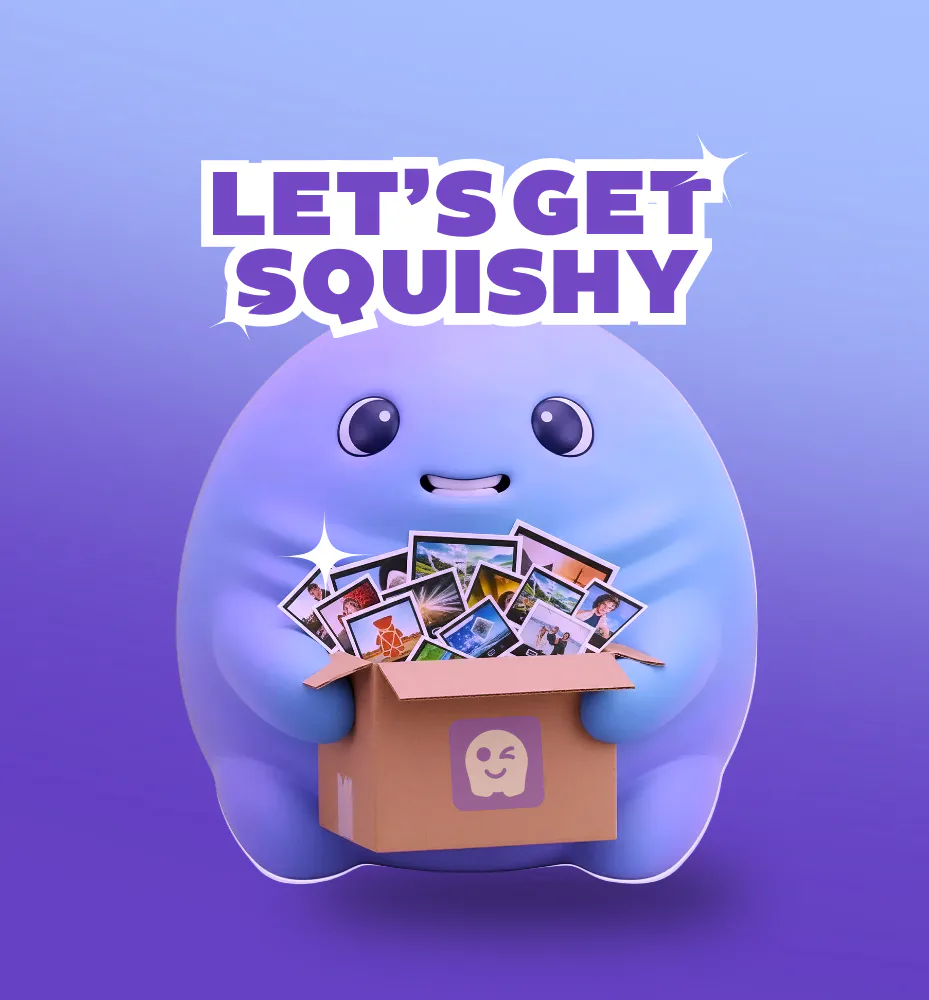 Blue round character with large eyes holding an open cardboard box overflowing with colorful photographs and memories against a purple gradient background