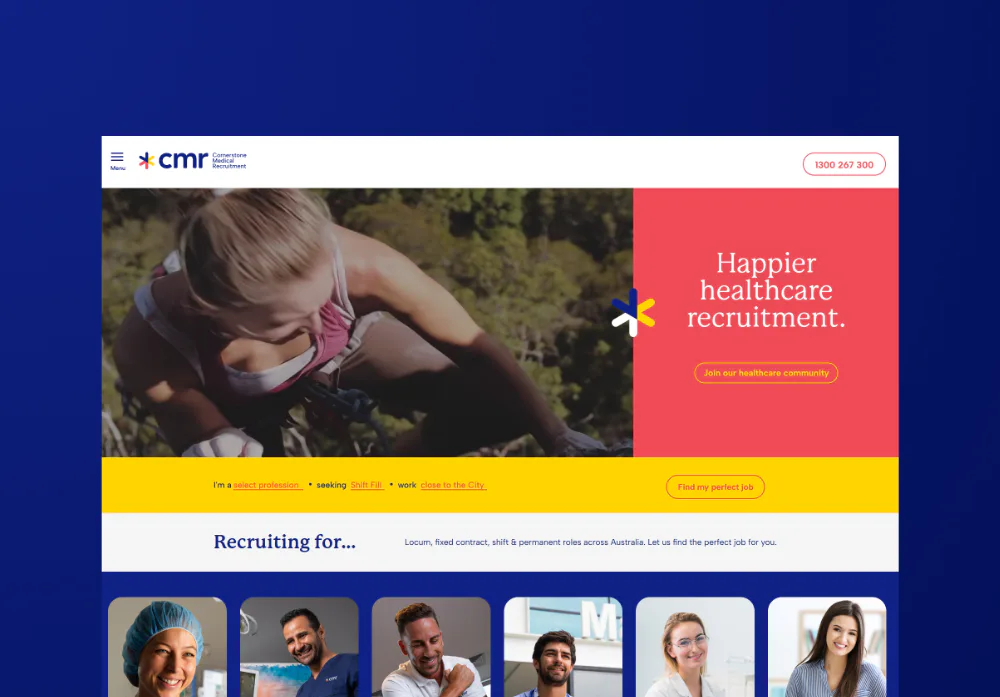 Healthcare recruitment website homepage showing a smiling healthcare professional in medical attire on the left, with a coral-colored promotional section on the right stating 'Happier healthcare re...