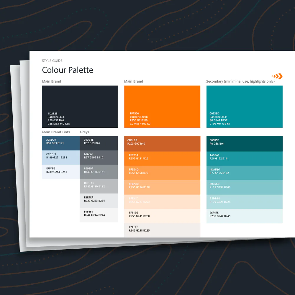 Brand color palette style guide displaying main brand colors in navy and orange, secondary teal colors, brand tints, and greys with corresponding hex codes and Pantone values for design consistency.