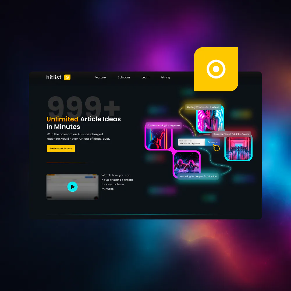Hitlist AI platform interface showing 999+ unlimited article ideas feature with neon-styled content topic cards including cycling workouts, triathlon training, and swimming techniques for fitness n...