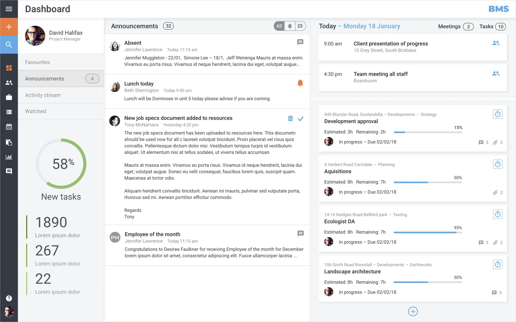 Business management system dashboard showing announcements, task progress tracking with 58% completion, scheduled meetings for Monday January 18, and project status updates for multiple team initia...