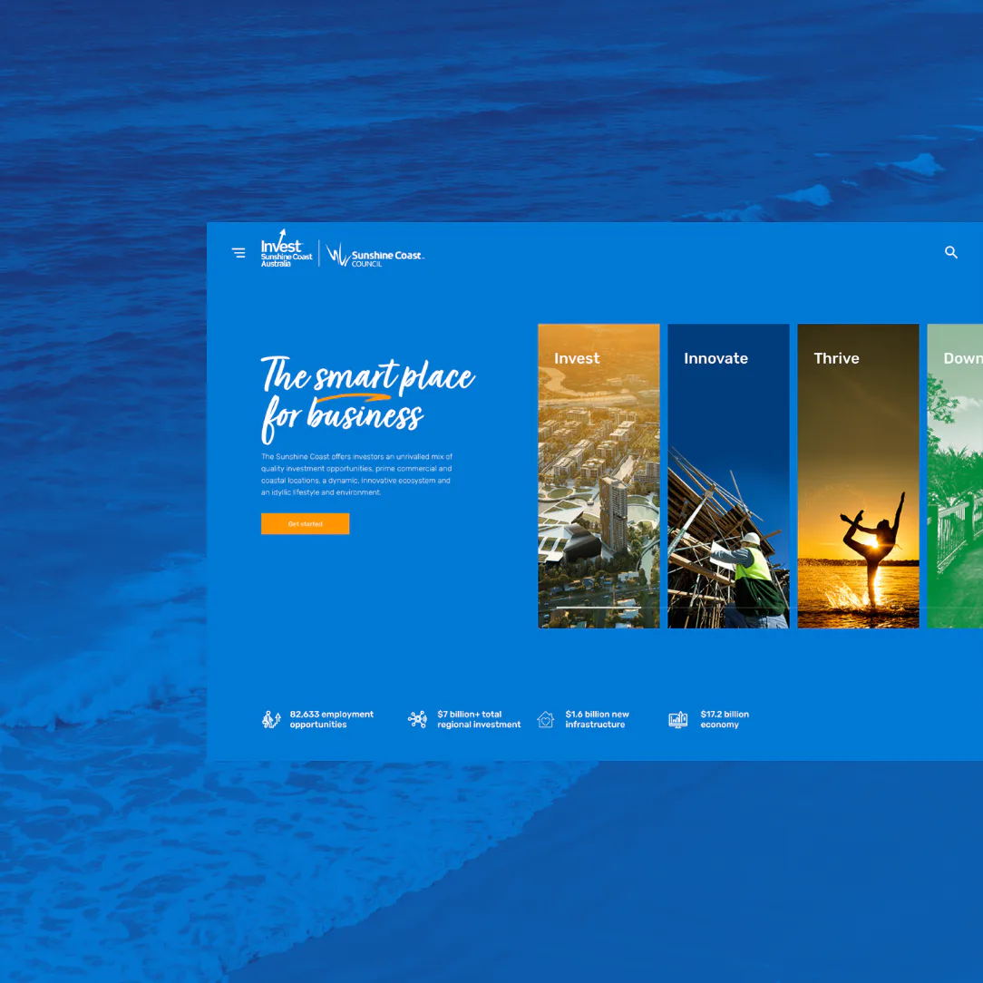 Sunshine Coast investment website homepage featuring aerial cityscape, industrial innovation, sunset yoga silhouette, and green environment icons representing Invest, Innovate, Thrive, and Downunde...