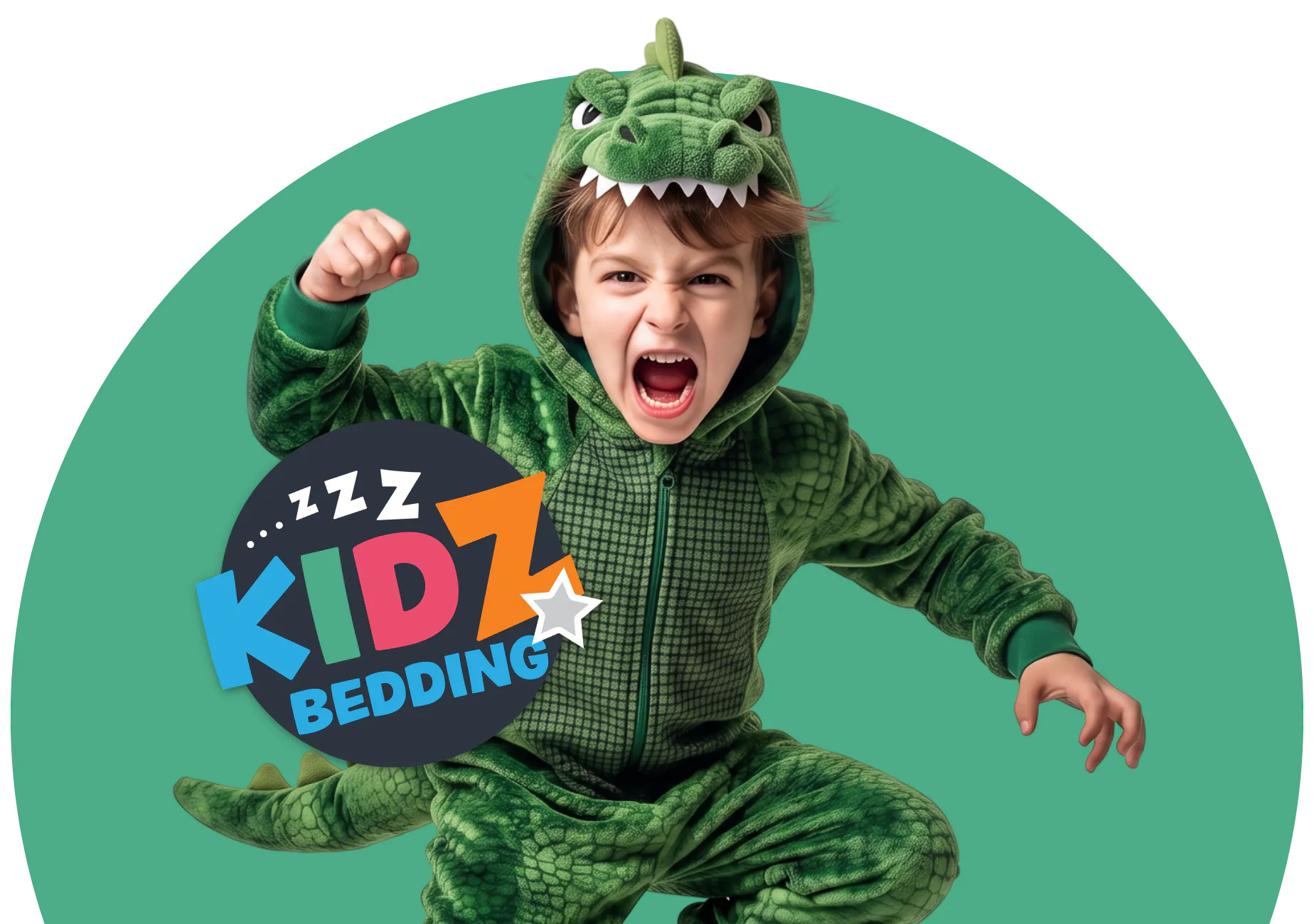 Child wearing green dinosaur onesie costume with scaled pattern and hood, posing dynamically with fist raised and mouth open in excitement against turquoise background