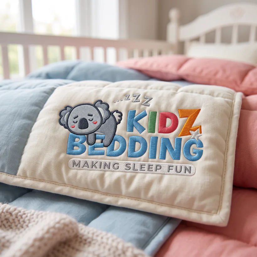 Cream-colored decorative pillow with embroidered sleeping koala character and 'Kidz Bedding - Making Sleep Fun' text in blue, green, and red stitching, displayed on a child's crib with colorful bed...