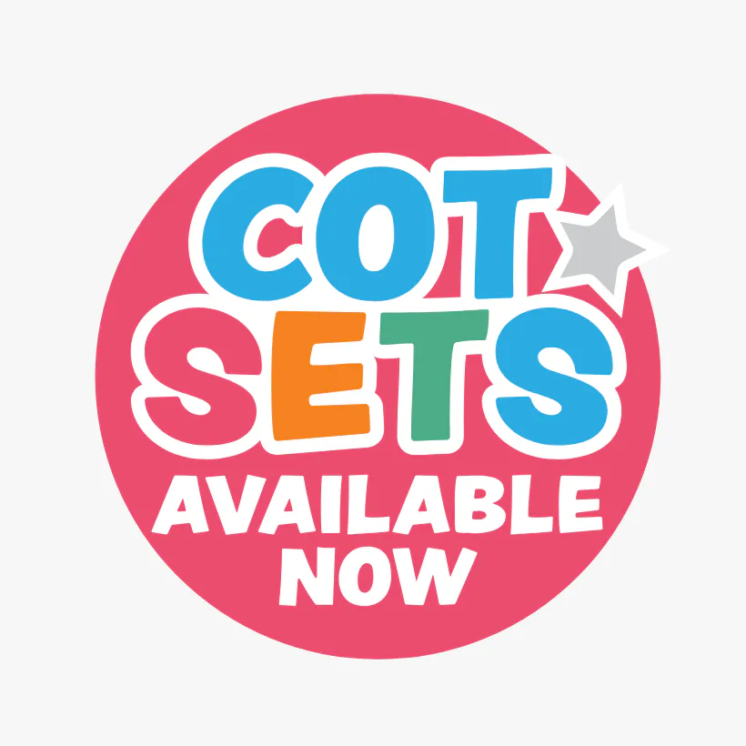 Bright pink circular badge with multicolored text reading 'COT SETS AVAILABLE NOW' and a small gray star accent in the top right corner