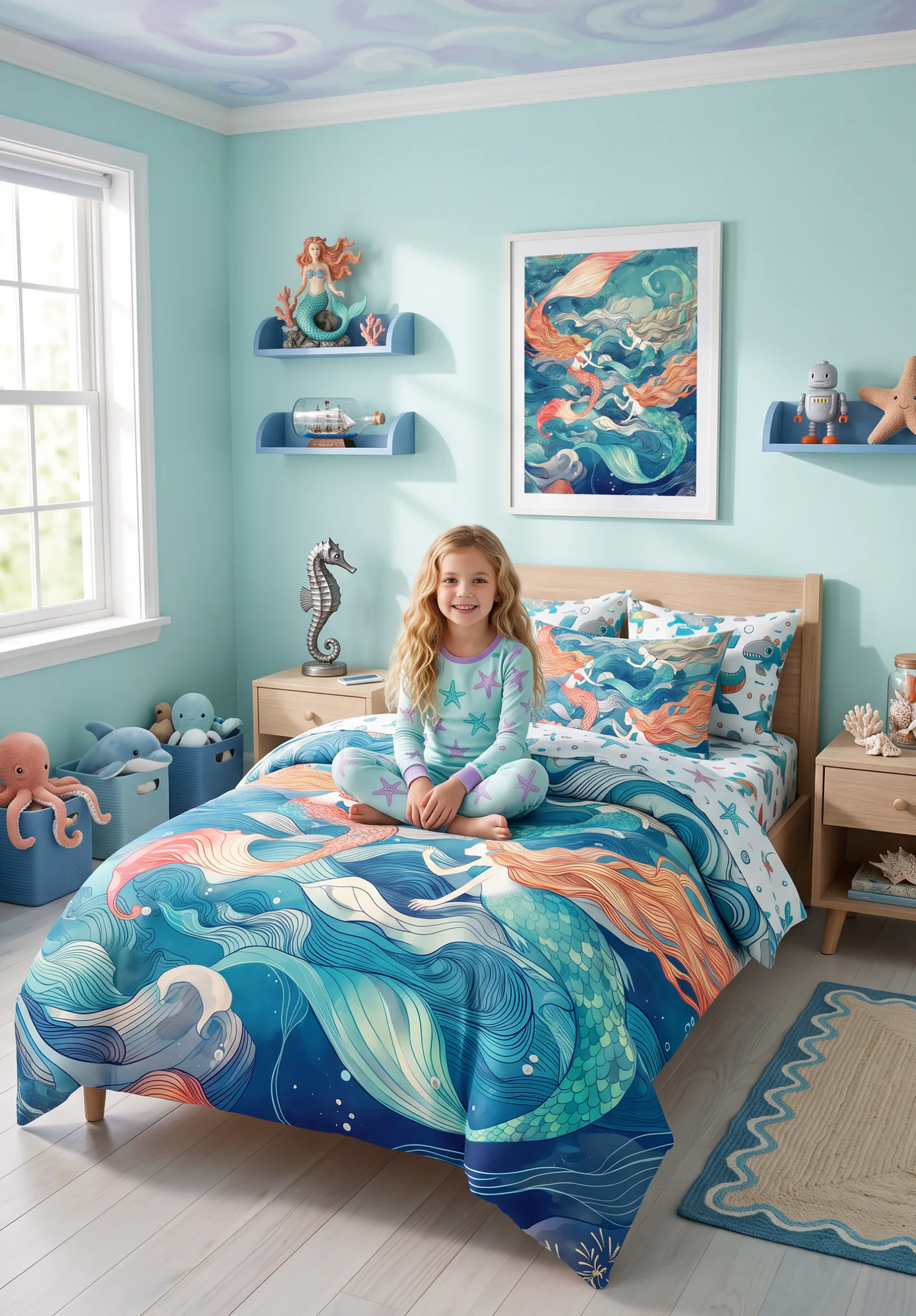 Young girl sitting on a bed with mermaid-themed blue and orange bedding, surrounded by ocean decor including wall shelves with sea creature toys, framed mermaid artwork, and turquoise walls.