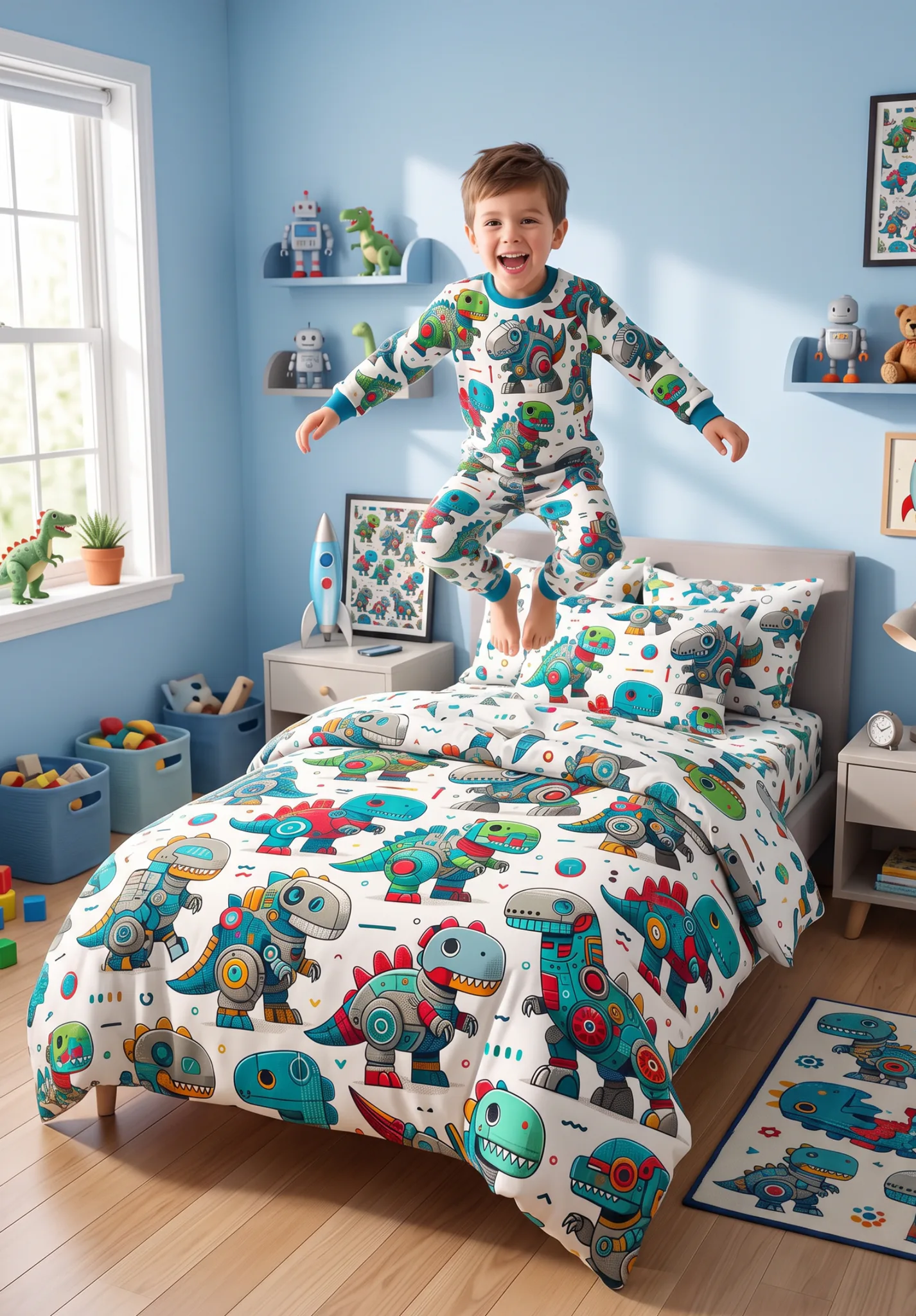 Happy young boy jumping on bed wearing colorful robot and dinosaur pajamas, with matching bedding featuring cartoon robots and dinosaurs in bright blue, red, and teal colors throughout the themed b...