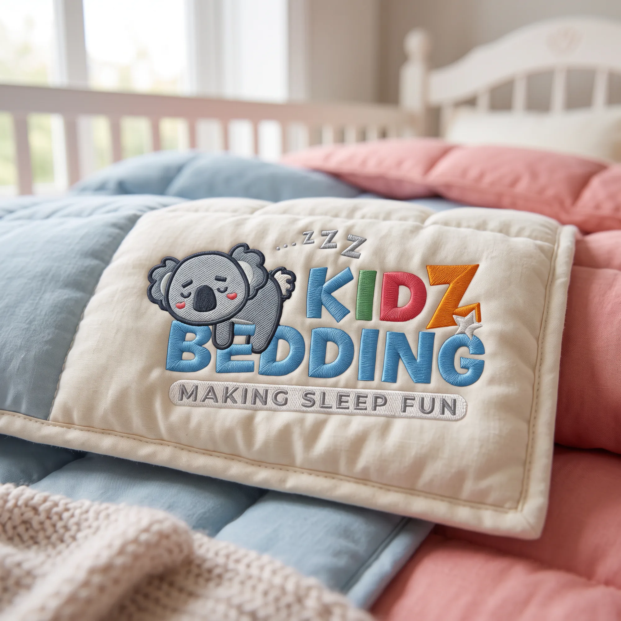 Cream-colored child's pillow with embroidered sleeping koala and colorful 'KIDZ BEDDING' text featuring 'Making Sleep Fun' tagline, displayed on a crib with blue, pink, and cream bedding.