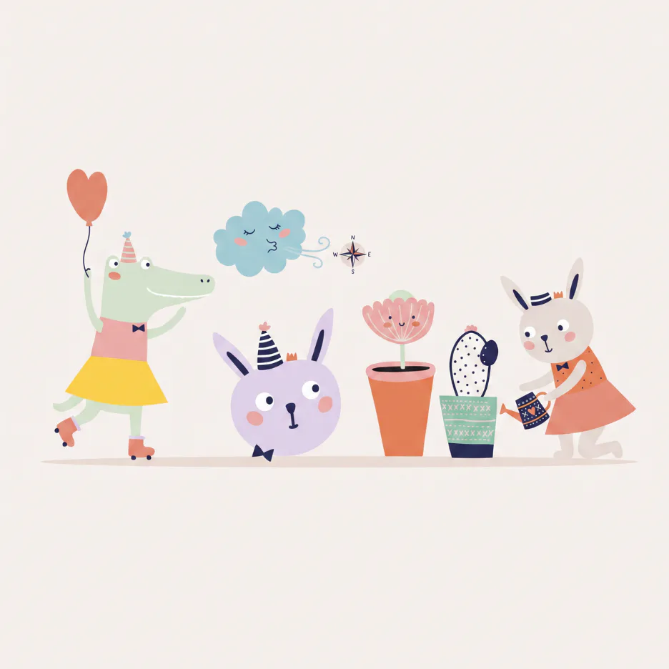 Whimsical illustration featuring a smiling crocodile holding a heart balloon, a purple bunny with party hat, a white bunny watering flowers in pots, potted plants, a cloud with wind elements, and a...