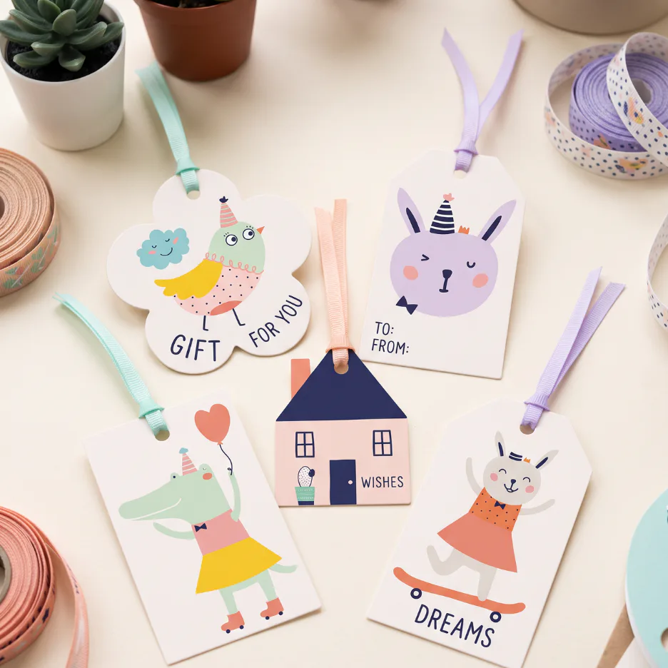 Flat lay of four illustrated gift tags with ribbons featuring whimsical characters: a party llama, unicorn, house with wishes text, and skateboarding bunny, surrounded by decorative ribbon spools a...