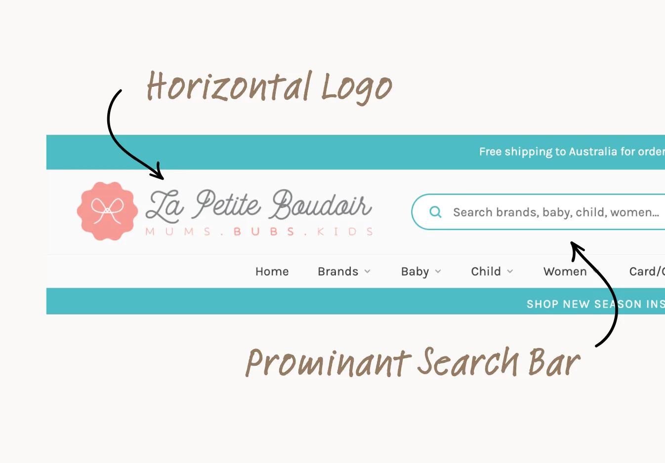Website header showing La Petite Boudoir logo with pink bow icon, horizontal navigation menu with Home, Brands, Baby, Child, and Women categories, prominent search bar for searching brands and prod...