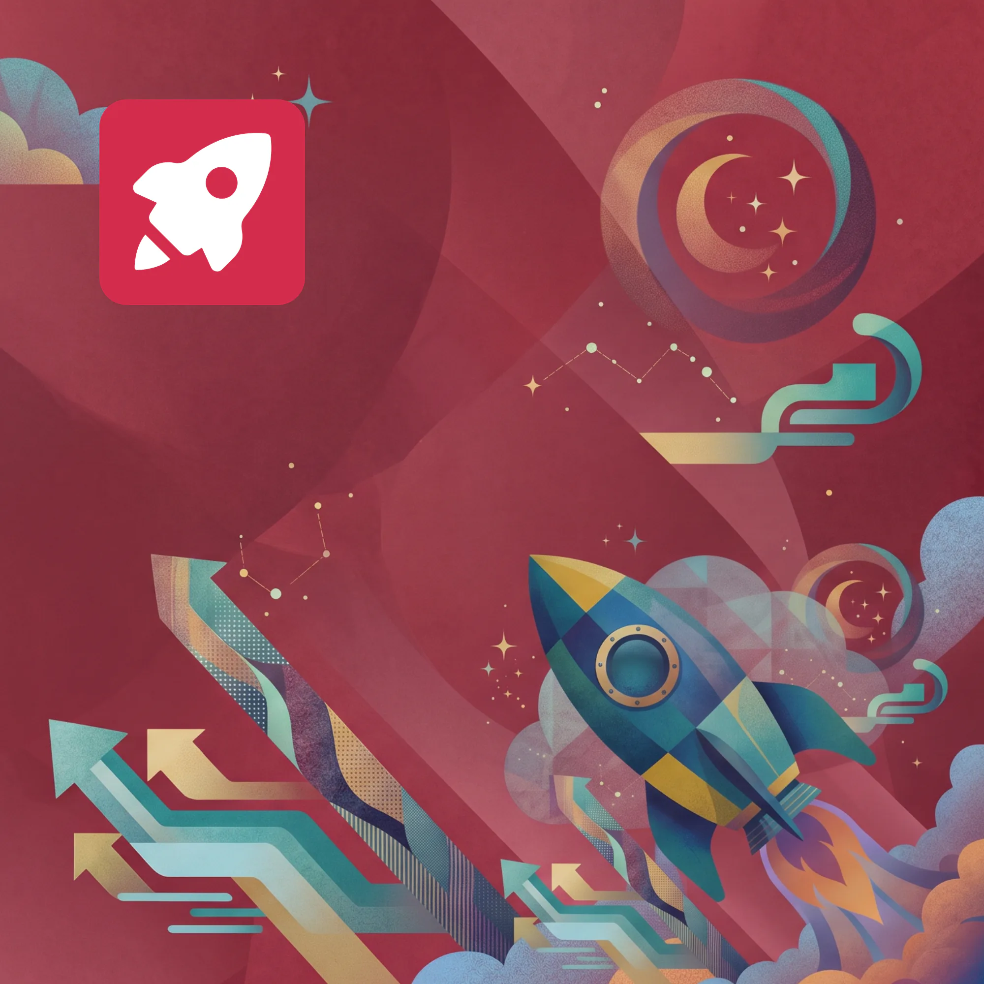 Colorful illustration featuring a white rocket ship launching upward with upward trending arrows, growth charts, celestial elements, and a red rocket app icon on a deep red background