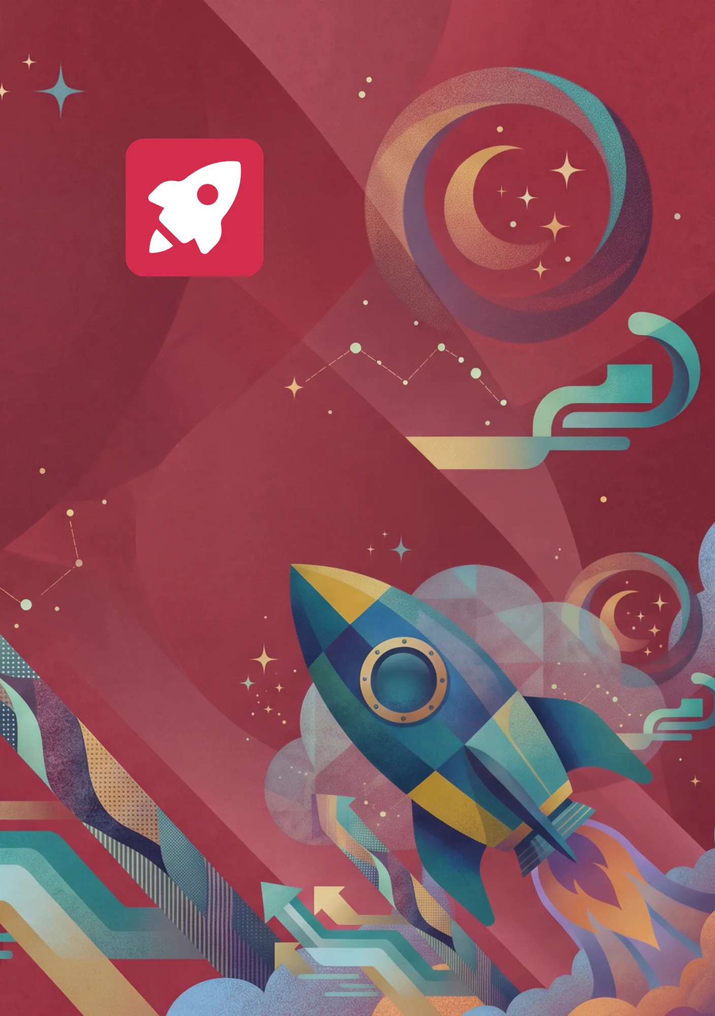 Colorful illustration of a geometric rocket ship launching into space with celestial planets, stars, and orbital paths against a deep red gradient background with layered clouds