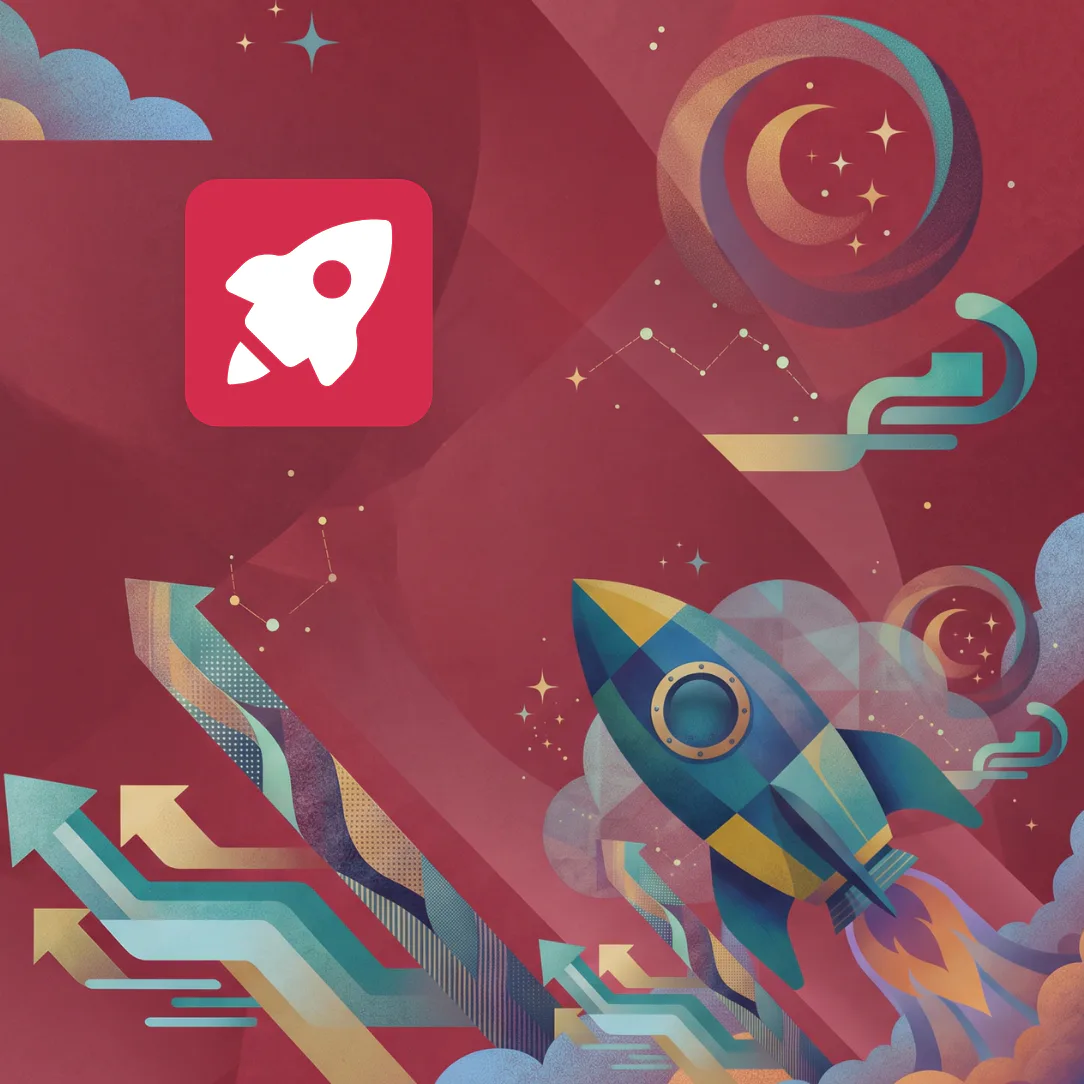 Colorful illustration featuring a white rocket icon in a pink square on the left, with a large multi-colored rocket launching toward the right, surrounded by celestial elements including moon, star...