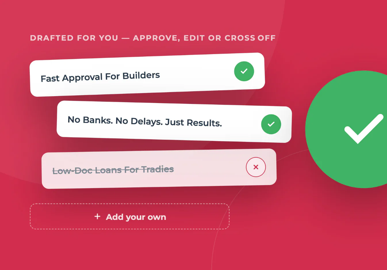 Interactive approval checklist showing three items: 'Fast Approval For Builders' with green checkmark, 'No Banks. No Delays. Just Results.' with green checkmark, and 'Low-Doc Loans For Tradies' wit...