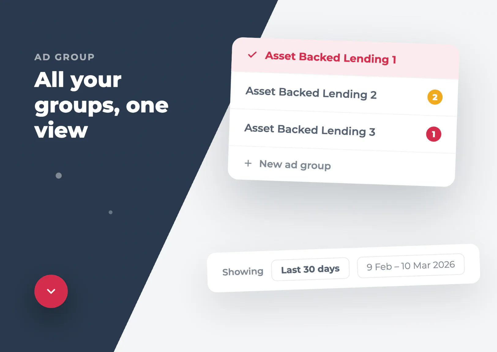 Dashboard interface showing AD Group management with three asset-backed lending options listed, including status indicators and a date range filter for February 9 to March 10, 2026.