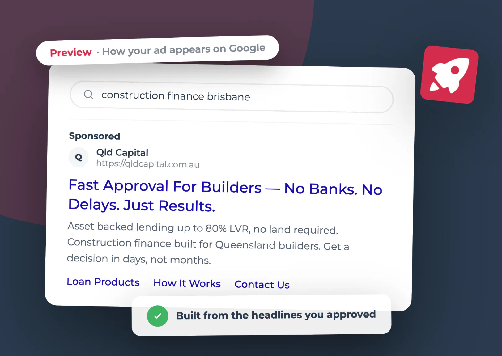 Google search results preview showing a sponsored QLD Capital ad for construction finance with headline 'Fast Approval For Builders — No Banks. No Delays. Just Results.' displaying asset-backed len...
