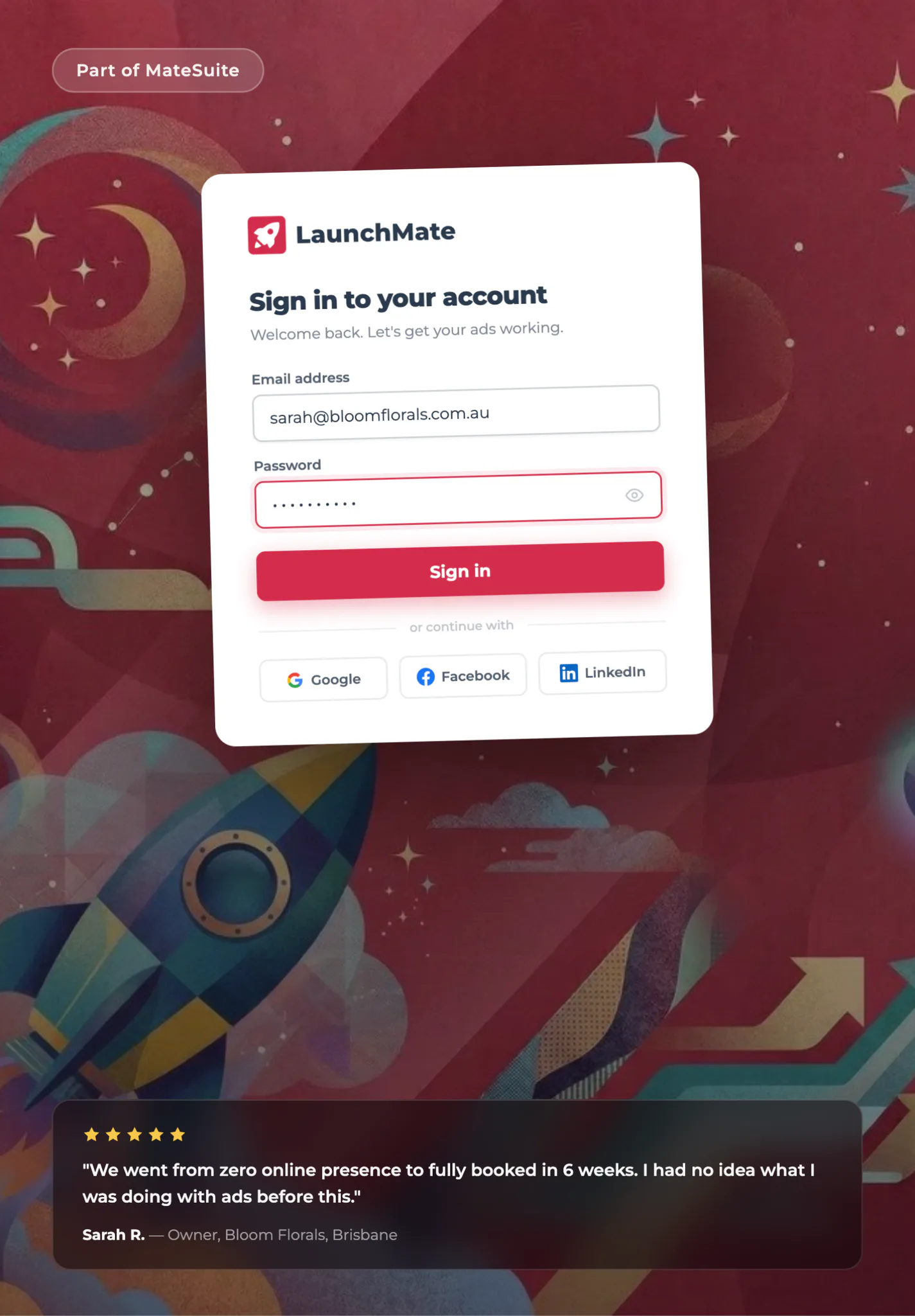 LaunchMate login page with email and password fields, sign in button, and social login options for Google, Facebook, and LinkedIn on a burgundy background with decorative rocket and stars