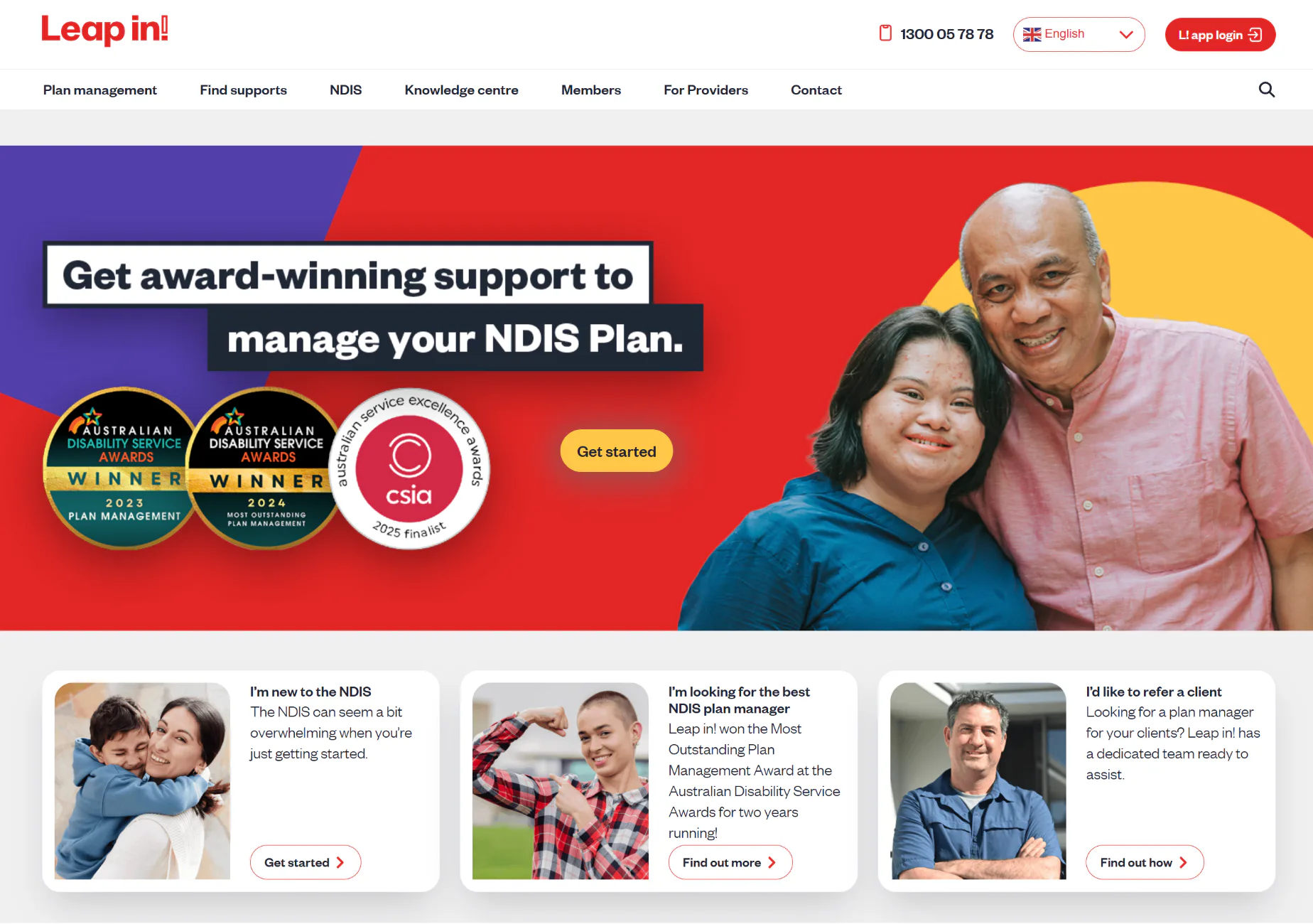 Smiling man in pink shirt and woman in blue shirt featured on Leap in! website promoting NDIS plan management services with Australian Disability Service Awards winner badges displayed.