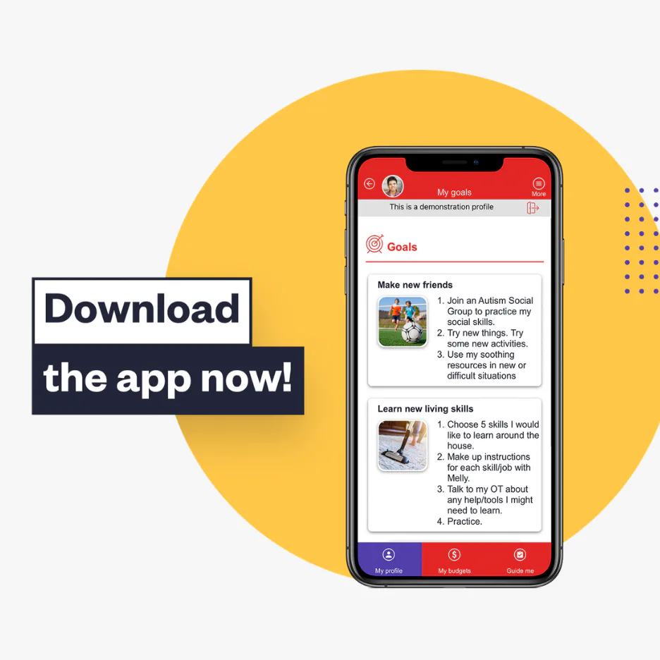 Smartphone displaying an autism support app interface showing personal goals including 'Make new friends' with social group activities and 'Learn new living skills' with household task instructions...