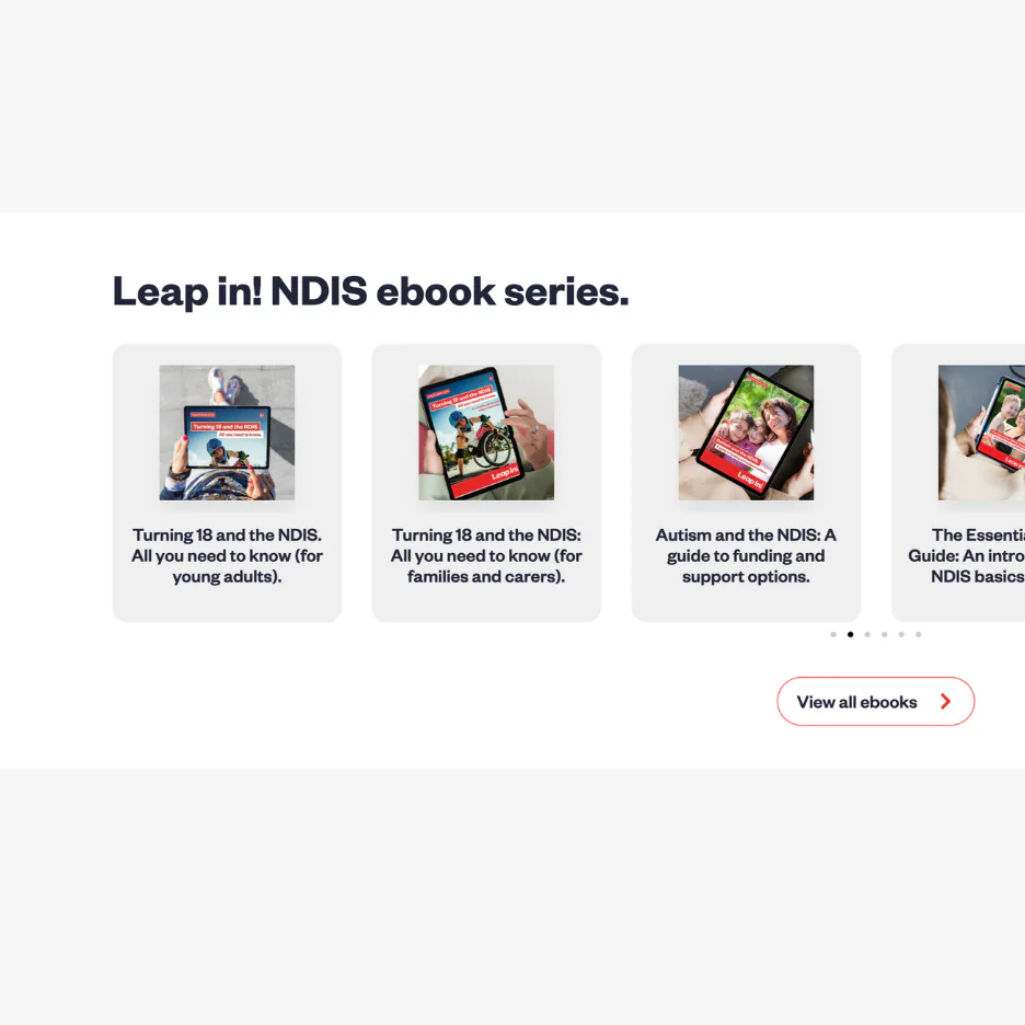 Carousel displaying four NDIS ebook guides including resources for turning 18, autism support options, and NDIS basics, each shown on tablet devices with descriptive titles.