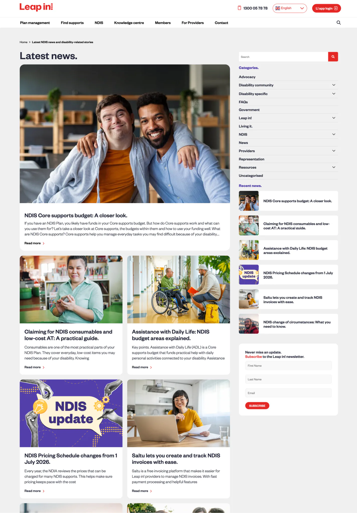 Leap in website news and disability stories homepage displaying featured articles about NDIS Core supports budget, consumables, Daily Life Assistance, pricing changes, and invoicing tools.