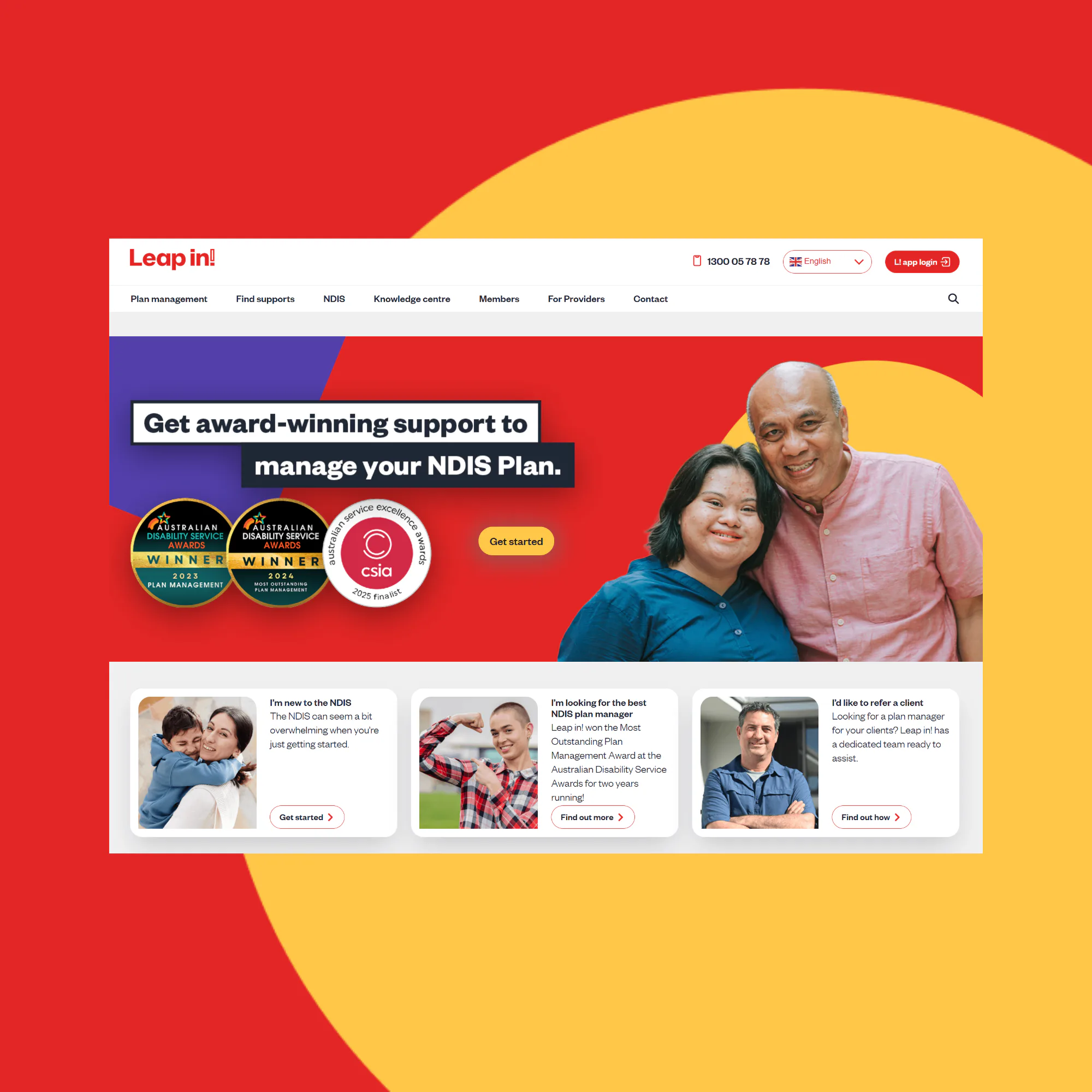 Leap In website homepage showing a smiling man in pink shirt and woman in blue shirt with text 'Get award-winning support to manage your NDIS Plan' and award badges displayed on red and yellow back...